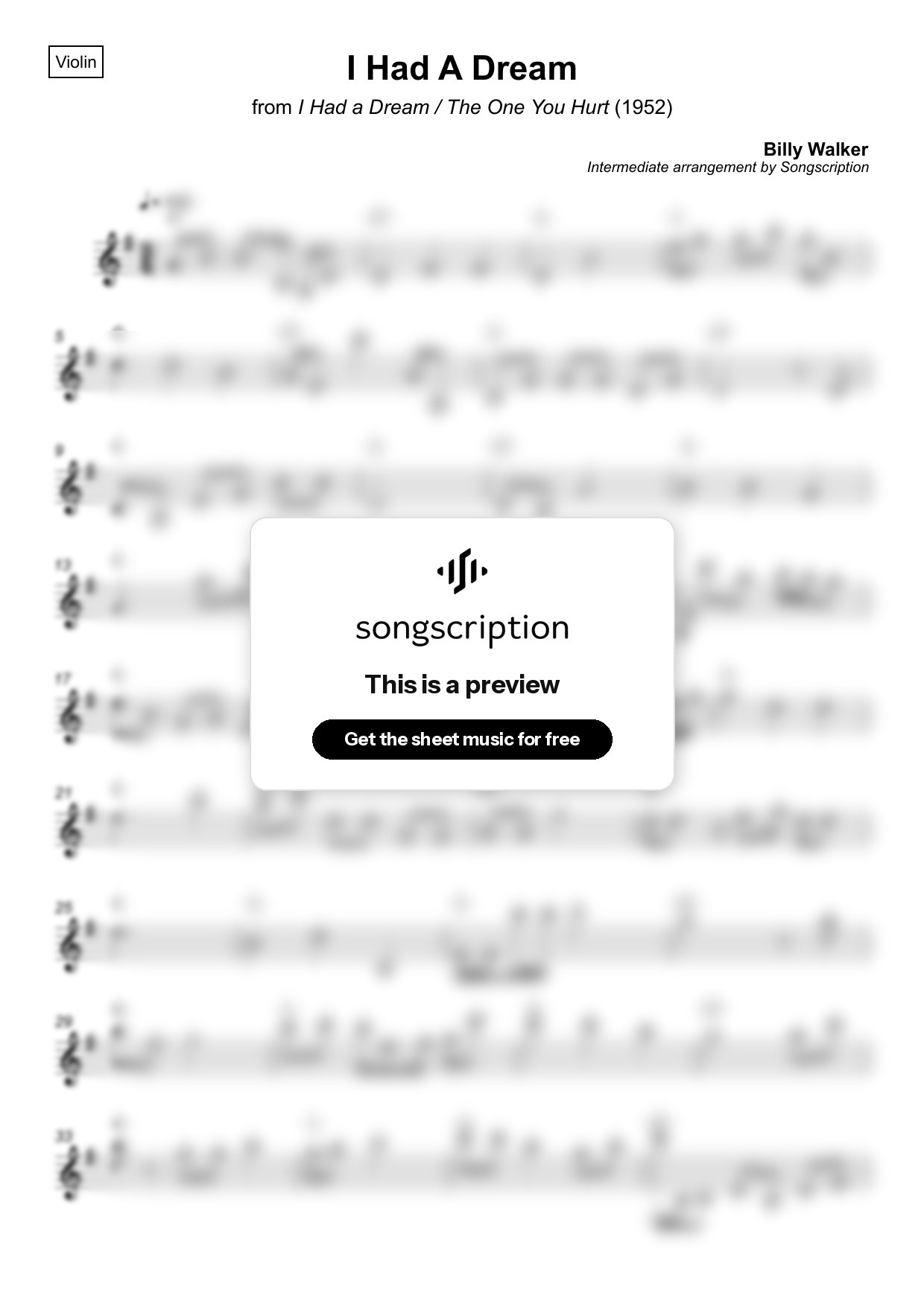 Intermediate Violin Sheet Music for "I Had A Dream" by Billy Walker