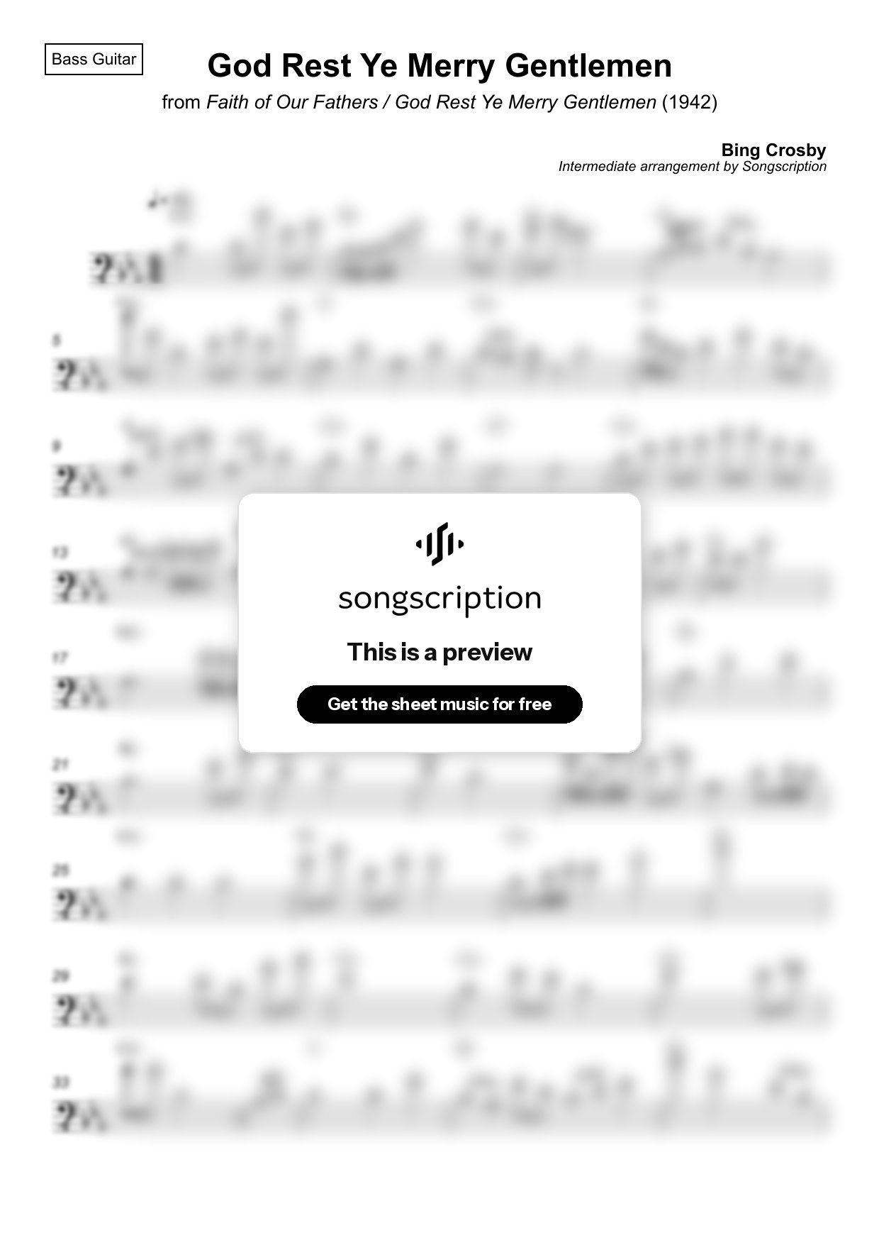 Intermediate Bass Guitar Sheet Music for "God Rest Ye Merry Gentlemen" by Bing Crosby
