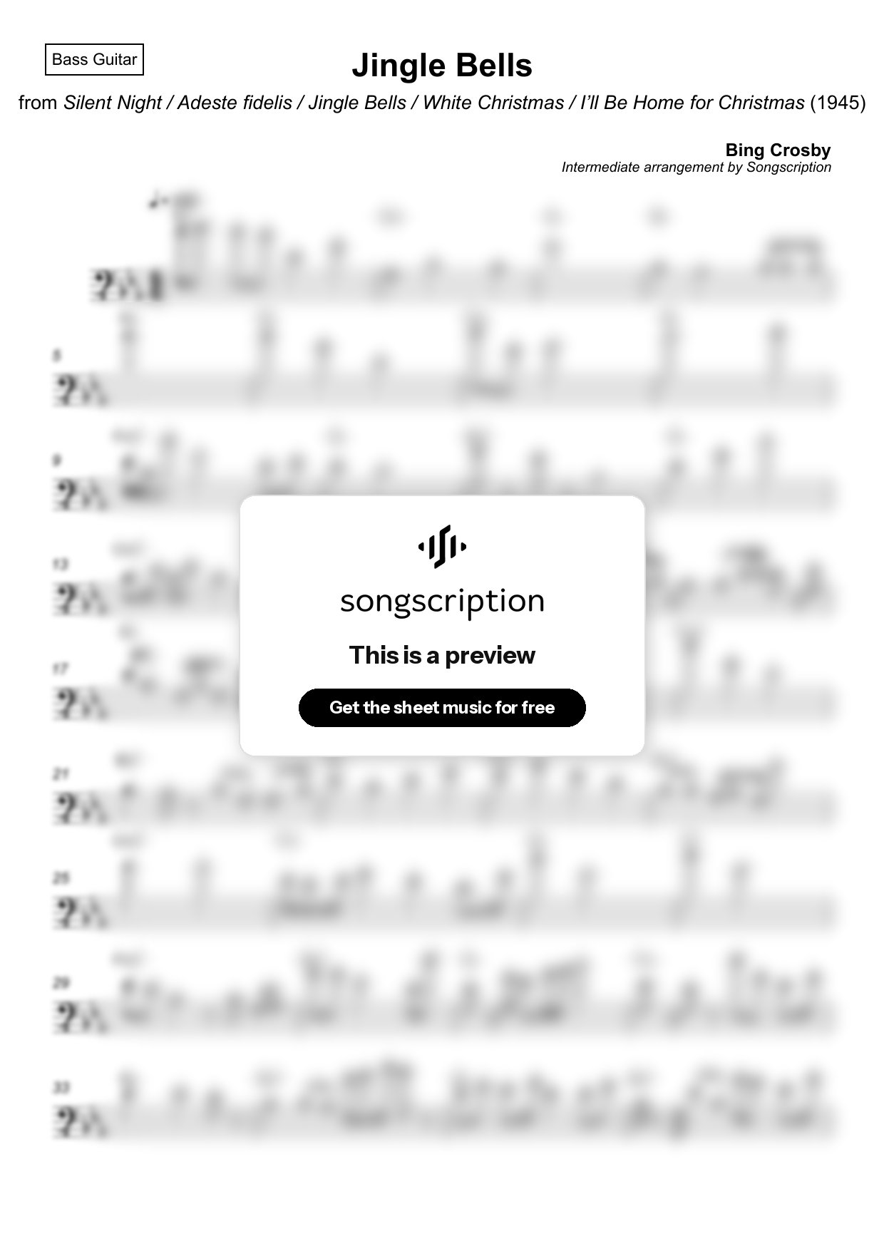 Intermediate Bass Guitar Sheet Music for "Jingle Bells" by Bing Crosby