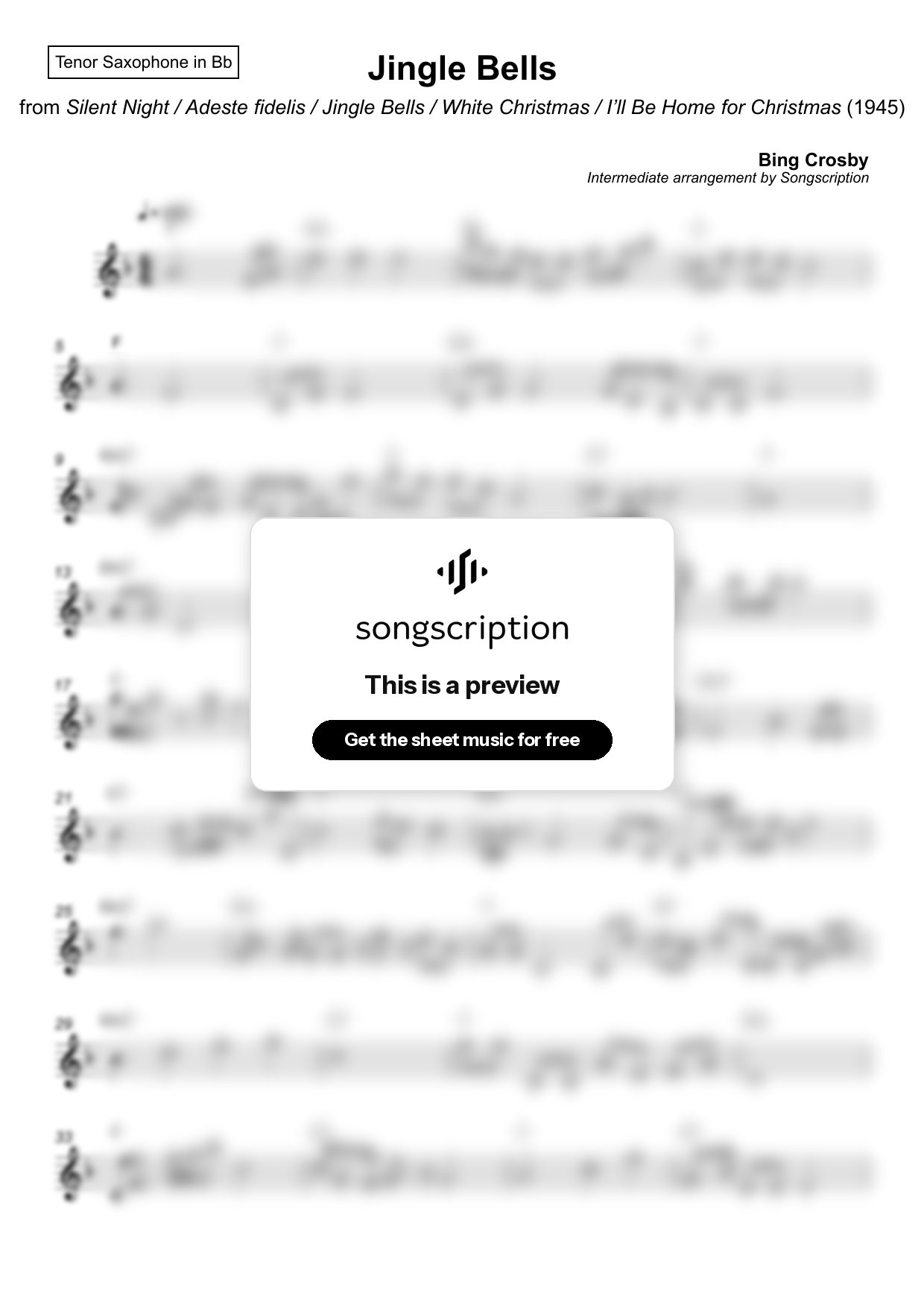 Intermediate Tenor Sax Sheet Music for "Jingle Bells" by Bing Crosby
