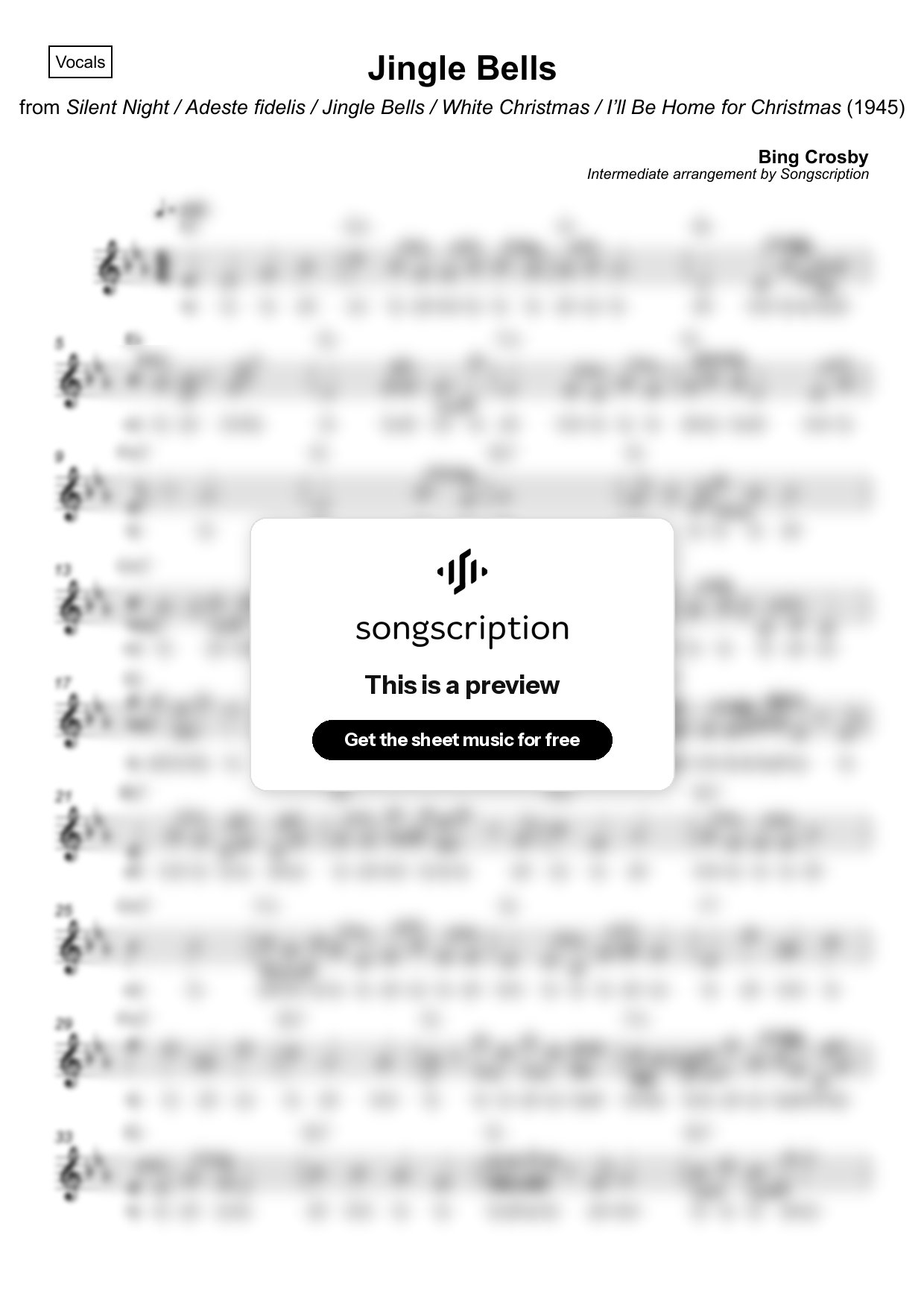 Intermediate Vocals Sheet Music for "Jingle Bells" by Bing Crosby
