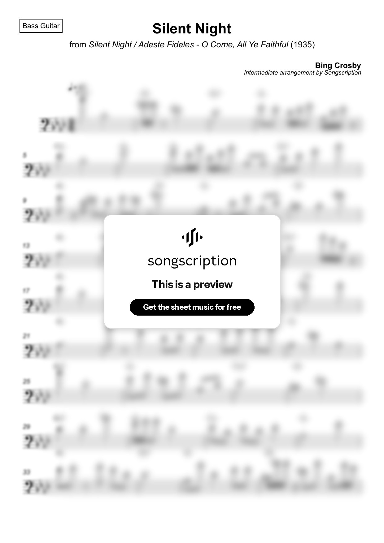 Intermediate Bass Guitar Sheet Music for "Silent Night" by Bing Crosby