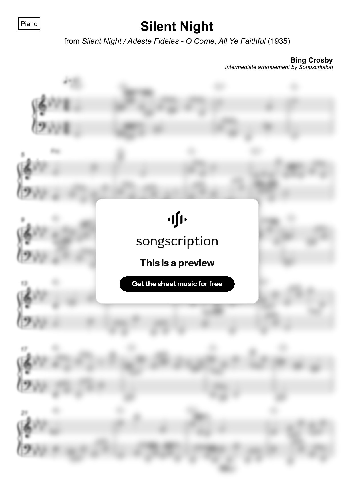 Intermediate Piano Sheet Music for "Silent Night" by Bing Crosby