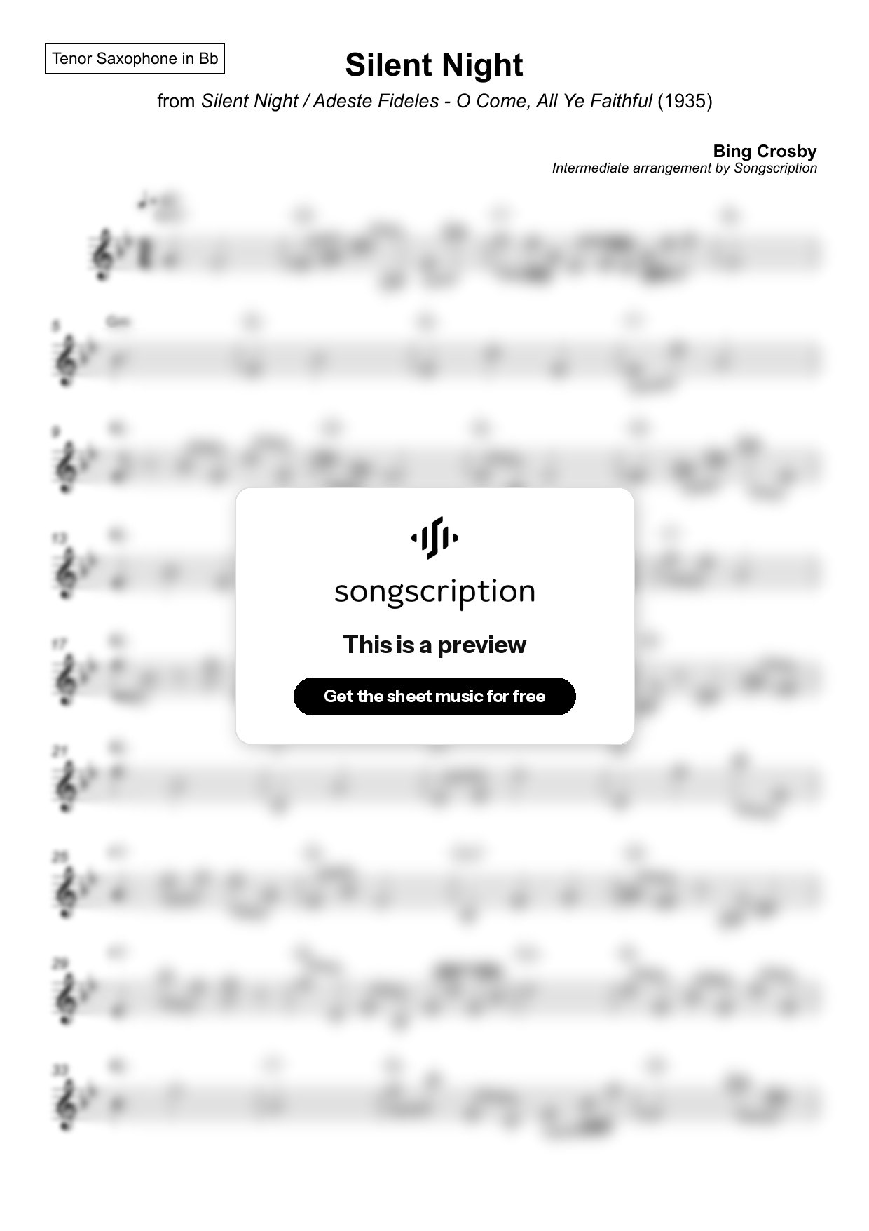 Intermediate Tenor Sax Sheet Music for "Silent Night" by Bing Crosby