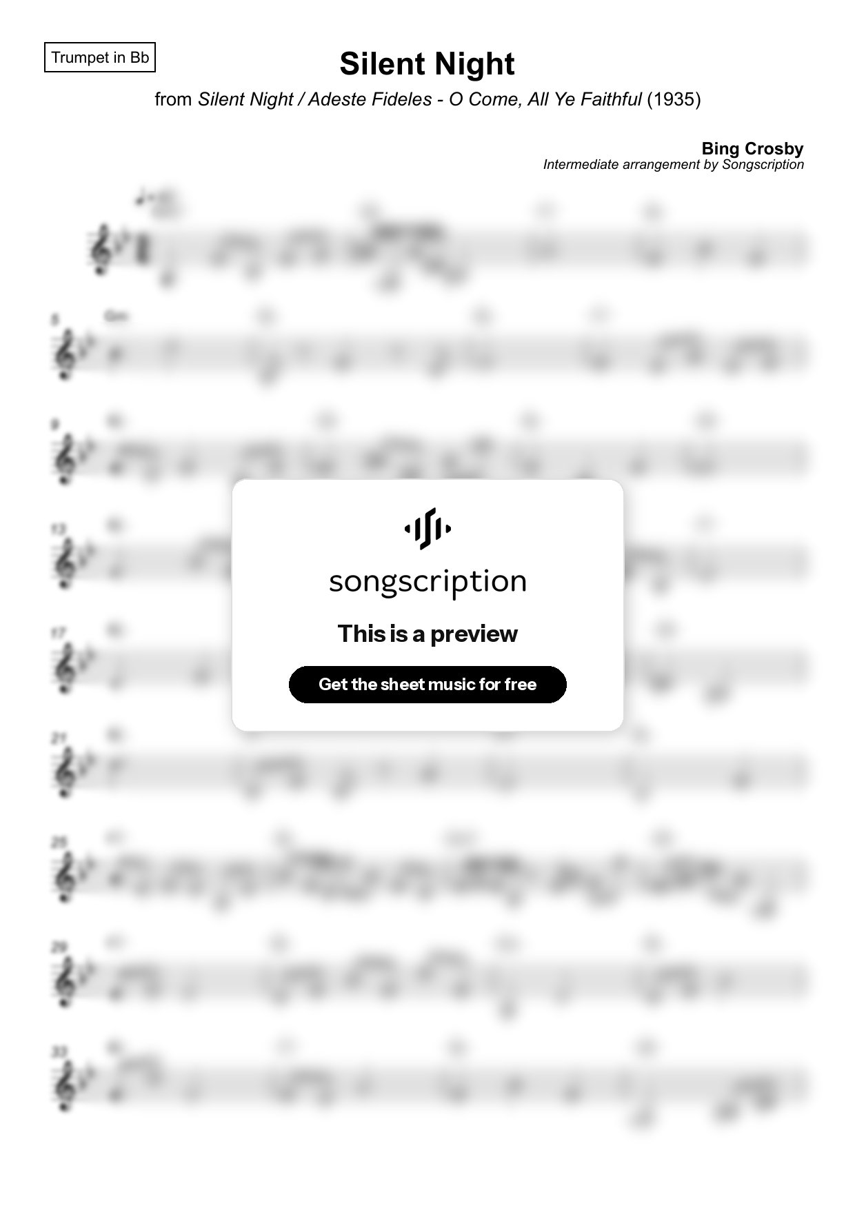 Intermediate Trumpet Sheet Music for "Silent Night" by Bing Crosby
