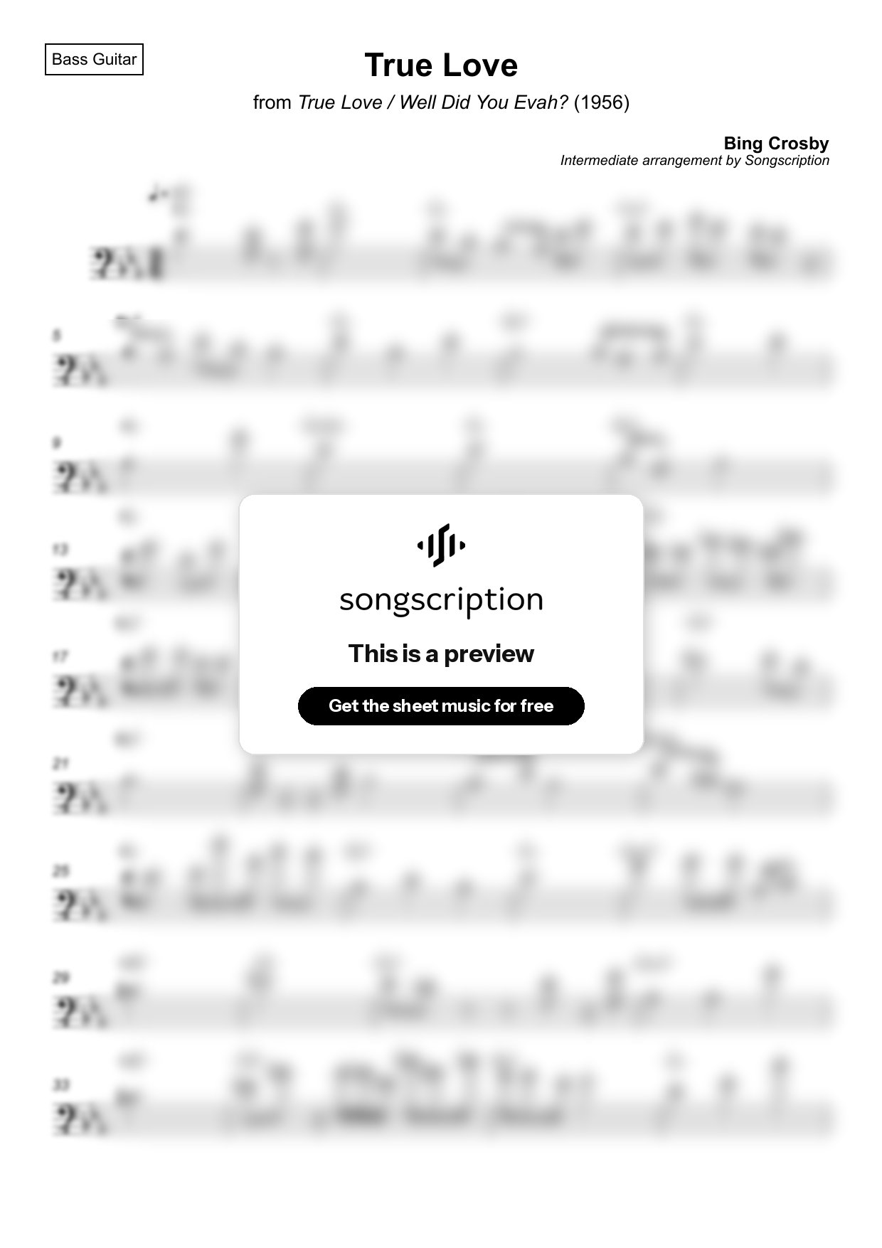 Intermediate Bass Guitar Sheet Music for "True Love" by Bing Crosby