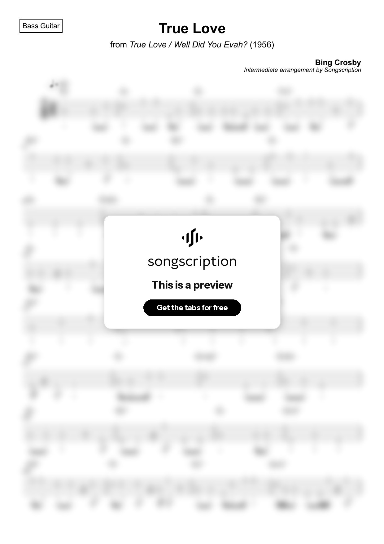 Intermediate Bass Guitar Tabs for "True Love" by Bing Crosby