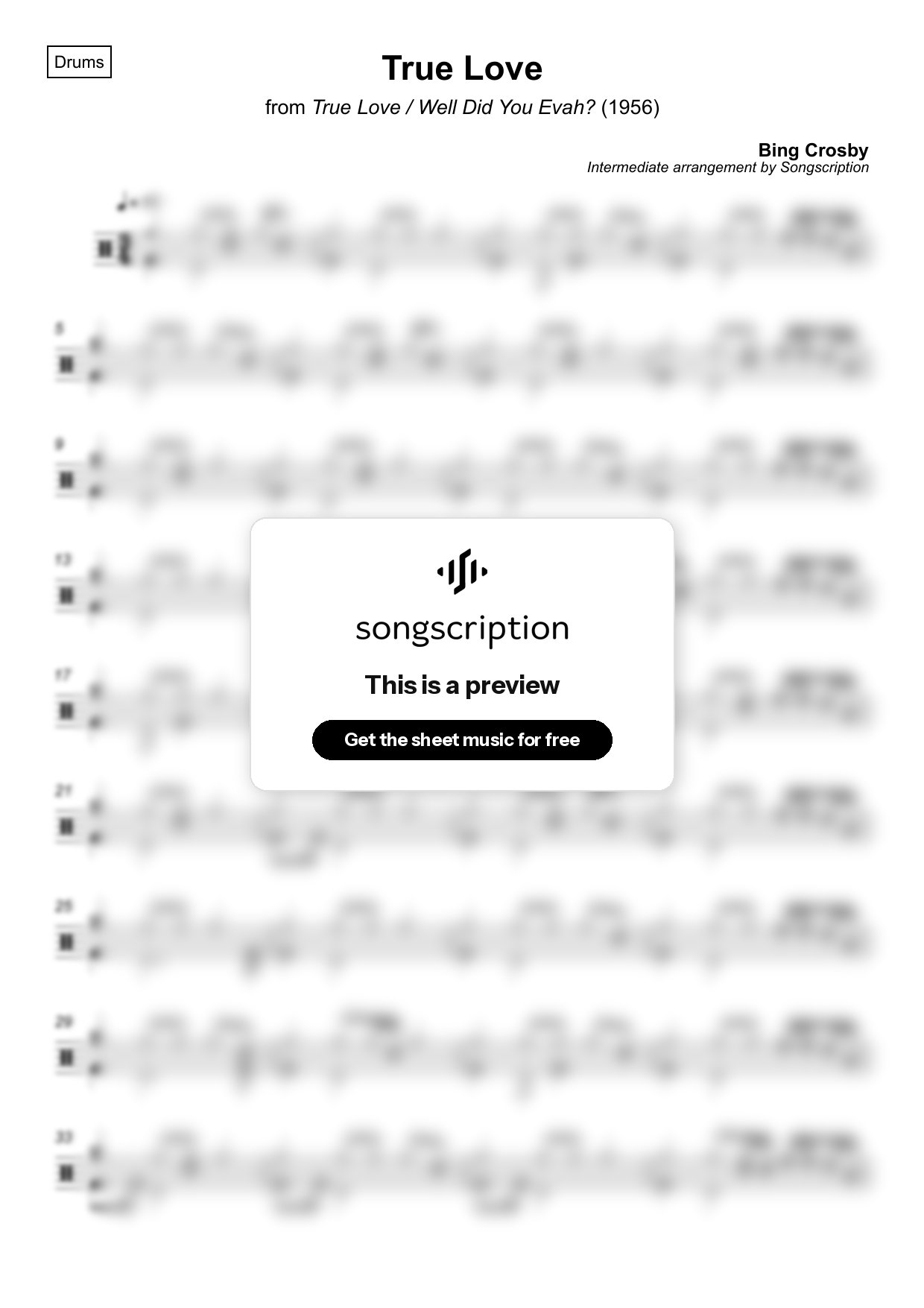 Intermediate Drums Sheet Music for "True Love" by Bing Crosby