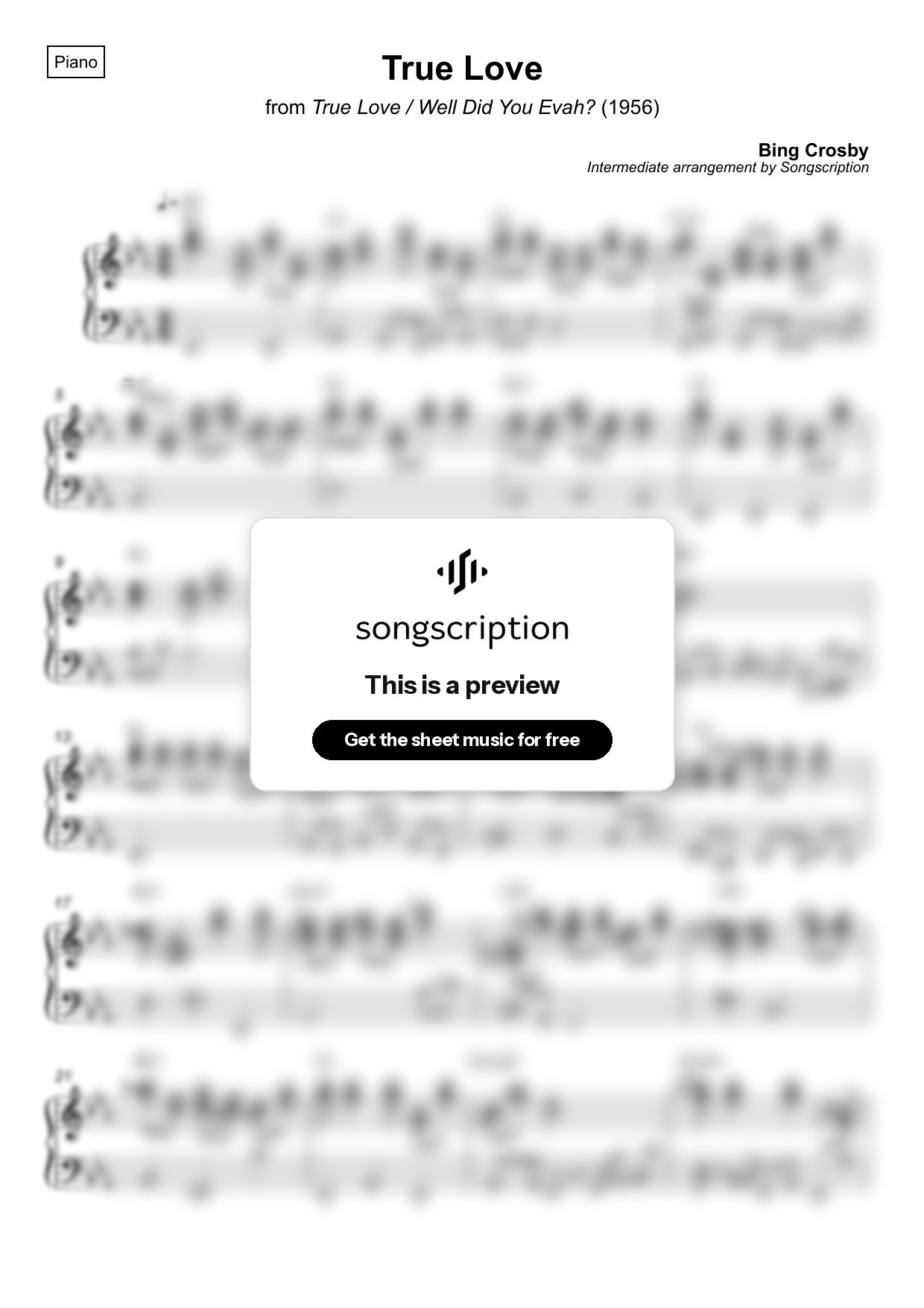 Intermediate Piano Sheet Music for "True Love" by Bing Crosby