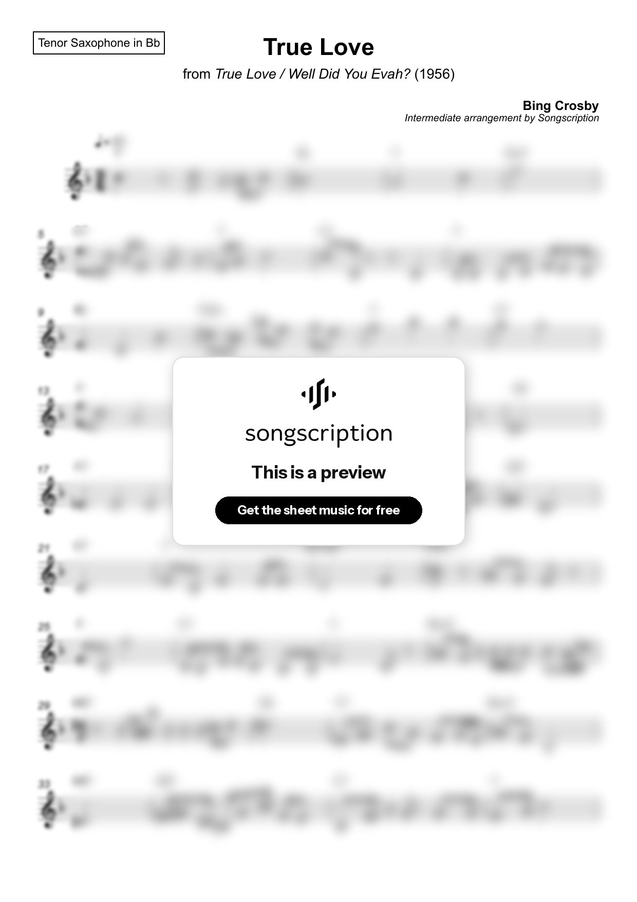 Intermediate Tenor Sax Sheet Music for "True Love" by Bing Crosby