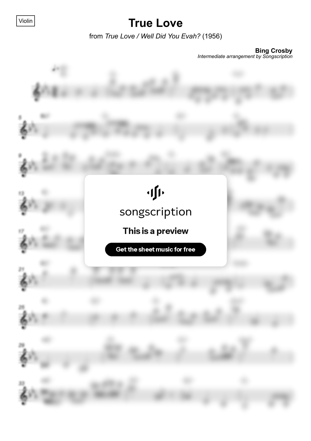 Intermediate Violin Sheet Music for "True Love" by Bing Crosby