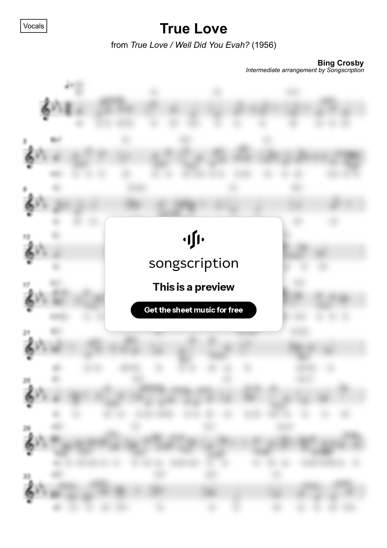Intermediate Vocals Sheet Music for "True Love" by Bing Crosby