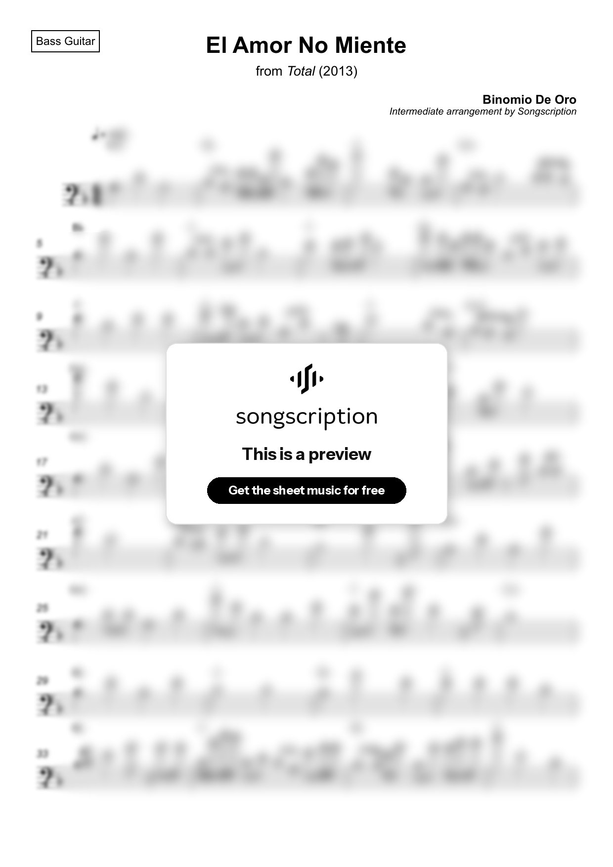 Intermediate Bass Guitar Sheet Music for "El Amor No Miente" by Binomio De Oro