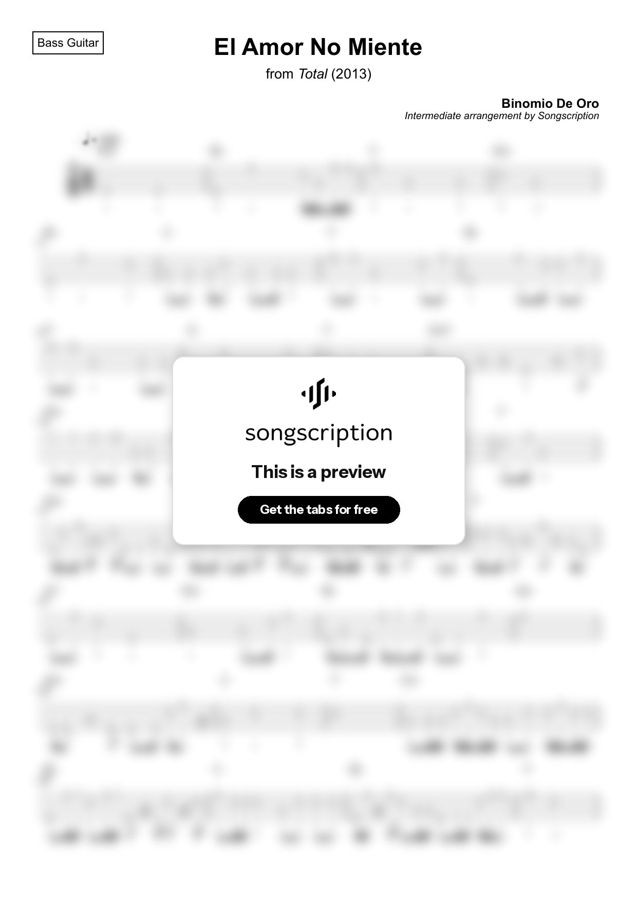 Intermediate Bass Guitar Tabs for "El Amor No Miente" by Binomio De Oro