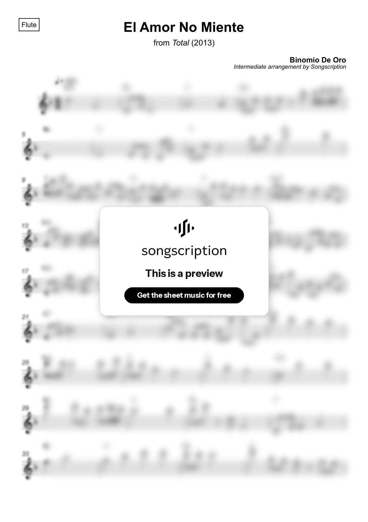Intermediate Flute Sheet Music for "El Amor No Miente" by Binomio De Oro
