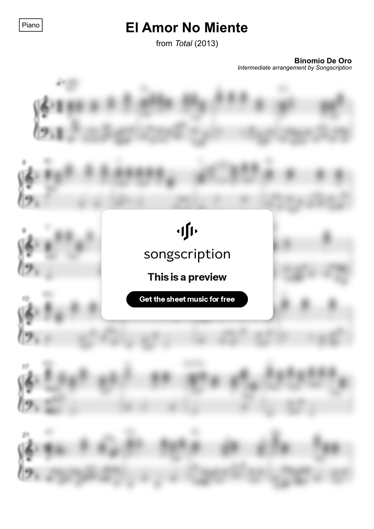 Intermediate Piano Sheet Music for "El Amor No Miente" by Binomio De Oro