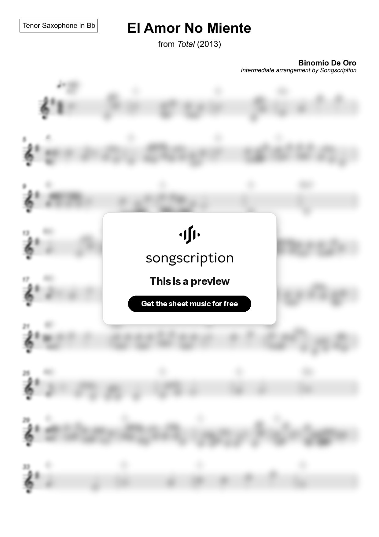 Intermediate Tenor Sax Sheet Music for "El Amor No Miente" by Binomio De Oro