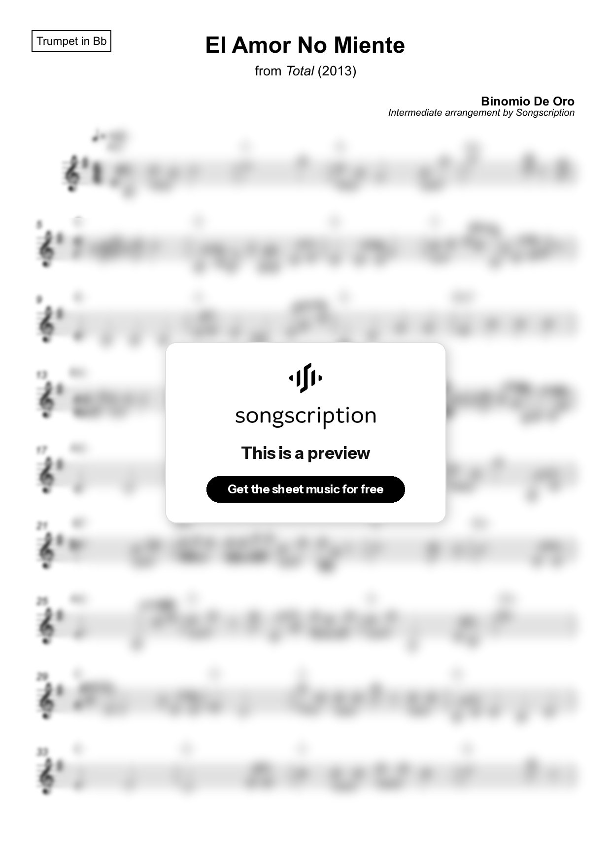Intermediate Trumpet Sheet Music for "El Amor No Miente" by Binomio De Oro