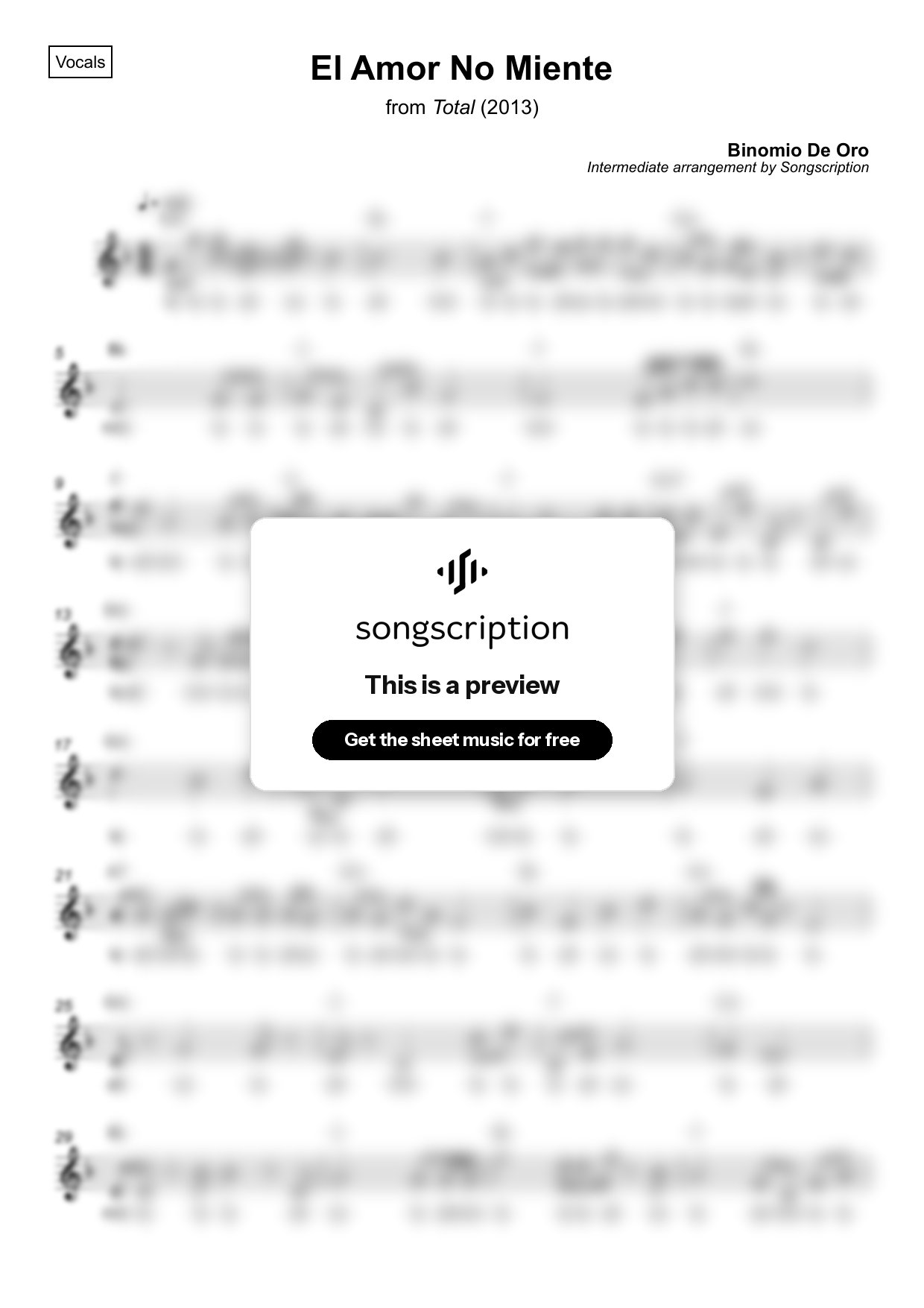 Intermediate Vocals Sheet Music for "El Amor No Miente" by Binomio De Oro
