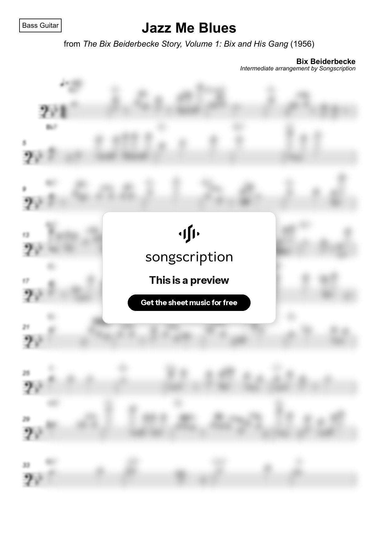 Intermediate Bass Guitar Sheet Music for "Jazz Me Blues" by Bix Beiderbecke