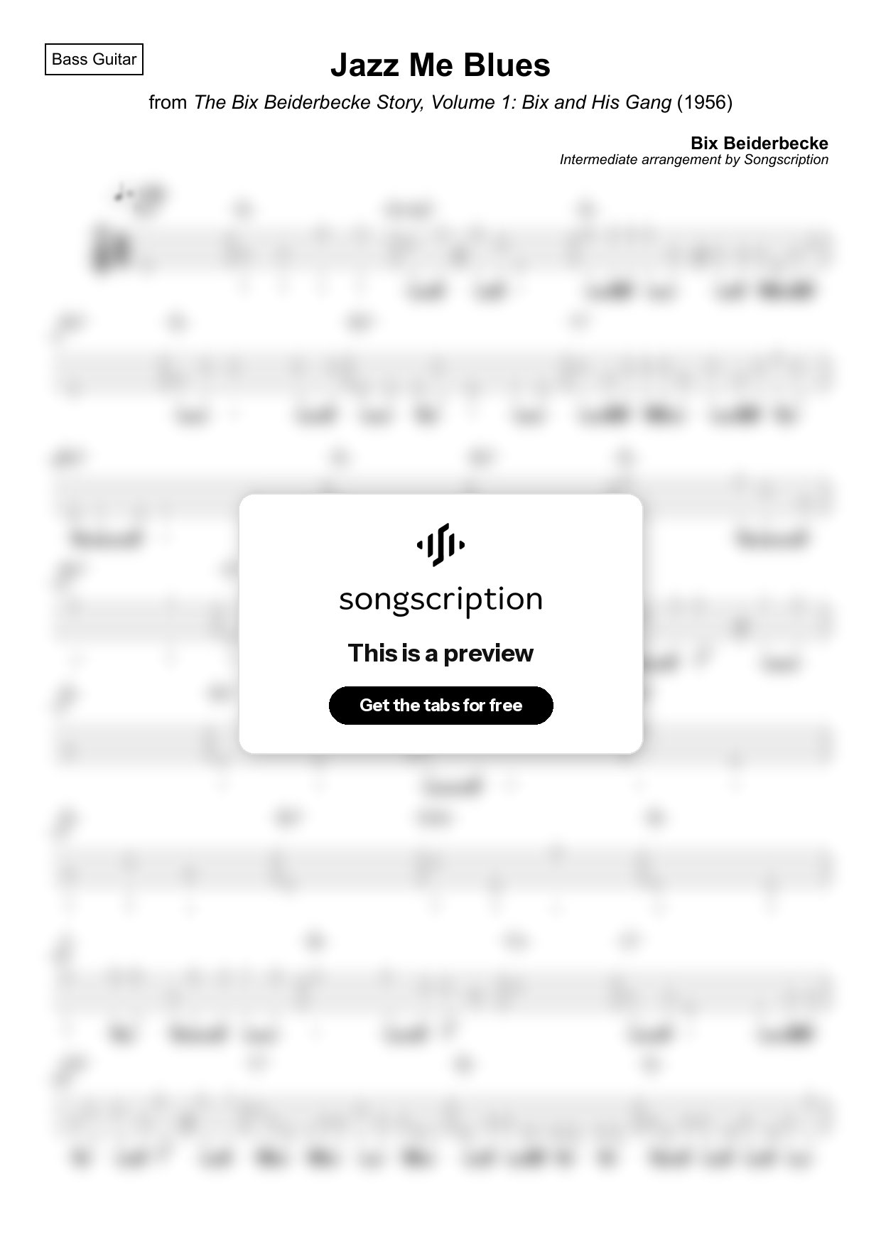 Intermediate Bass Guitar Tabs for "Jazz Me Blues" by Bix Beiderbecke