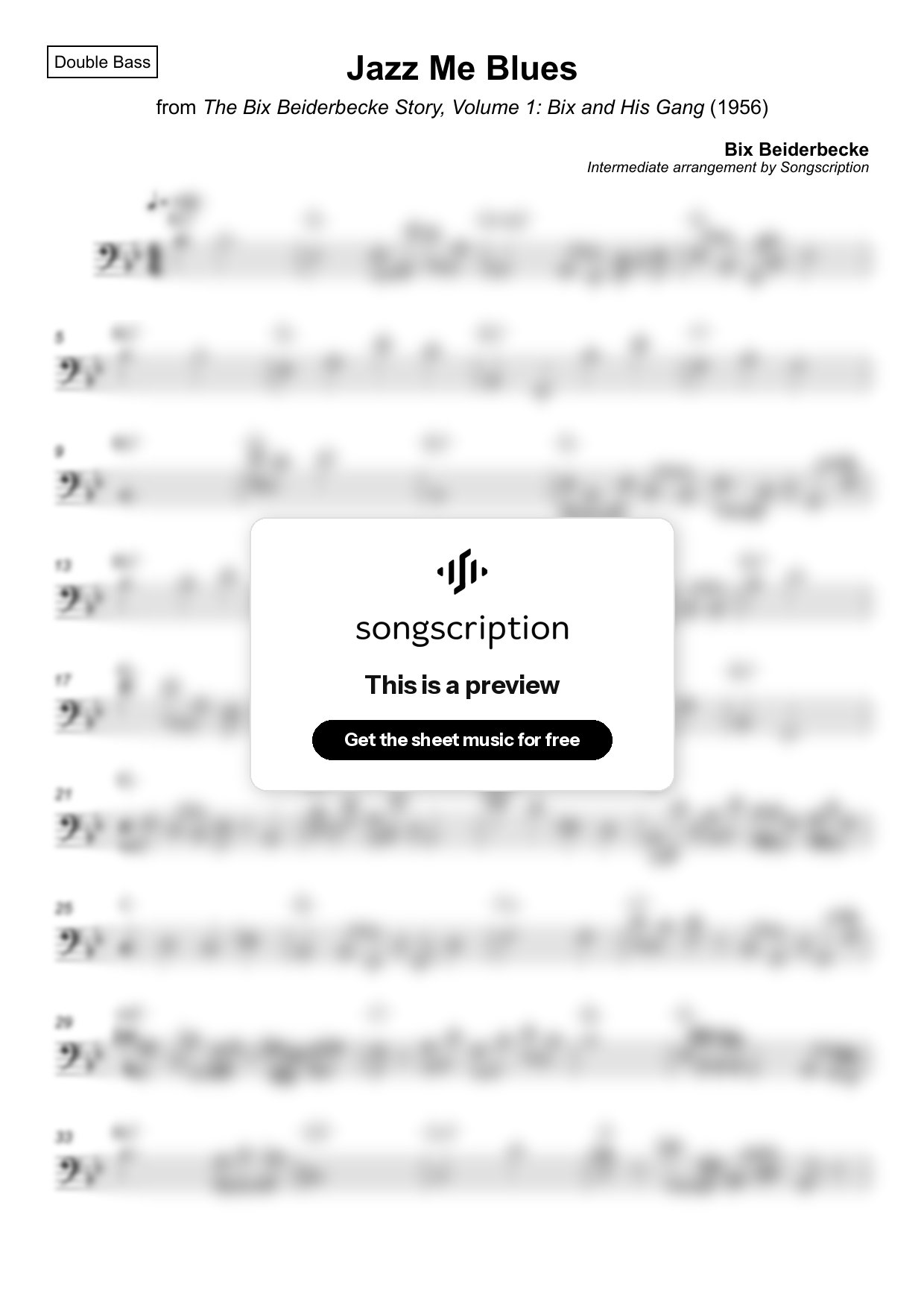 Intermediate Double Bass Sheet Music for "Jazz Me Blues" by Bix Beiderbecke