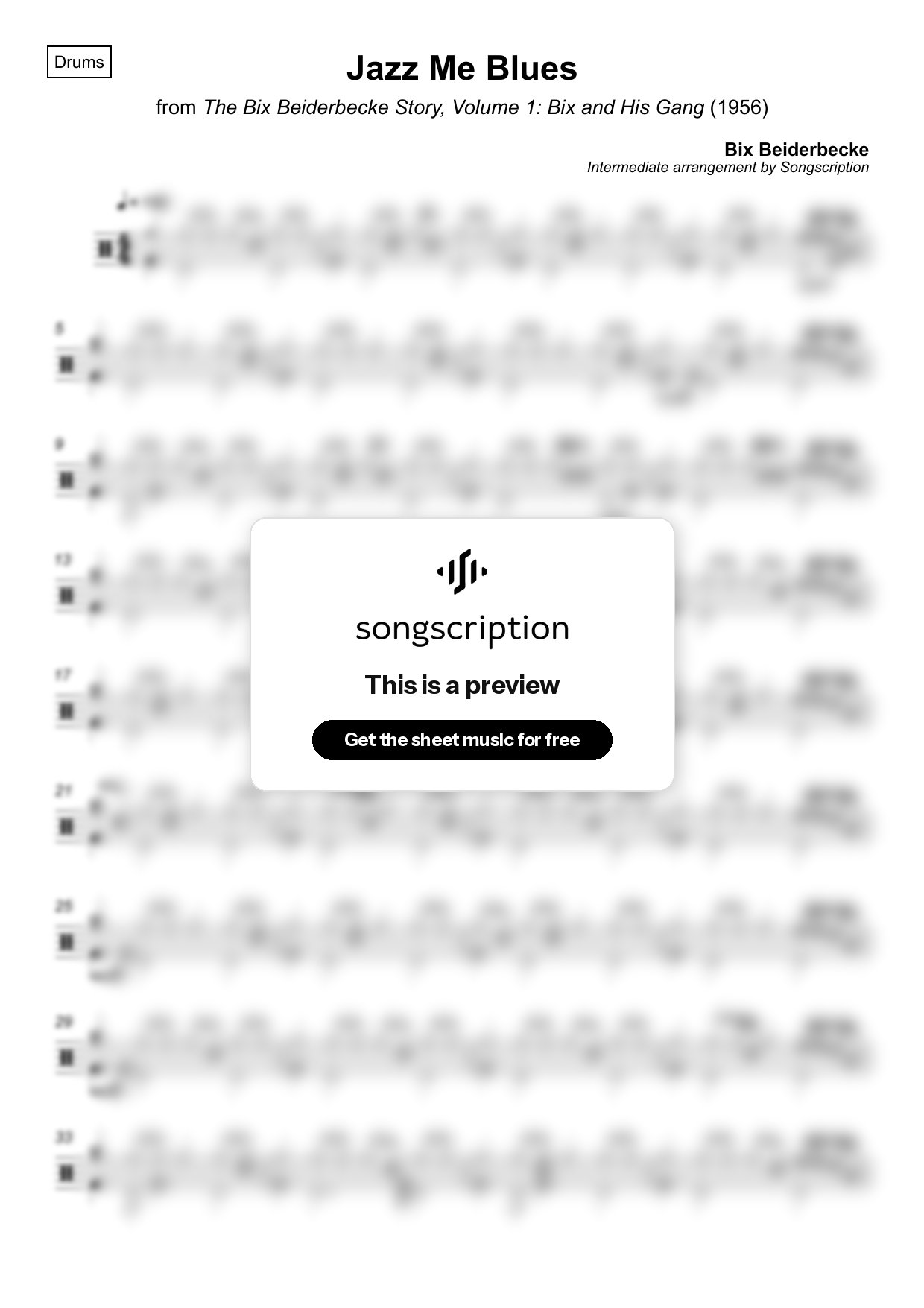 Intermediate Drums Sheet Music for "Jazz Me Blues" by Bix Beiderbecke