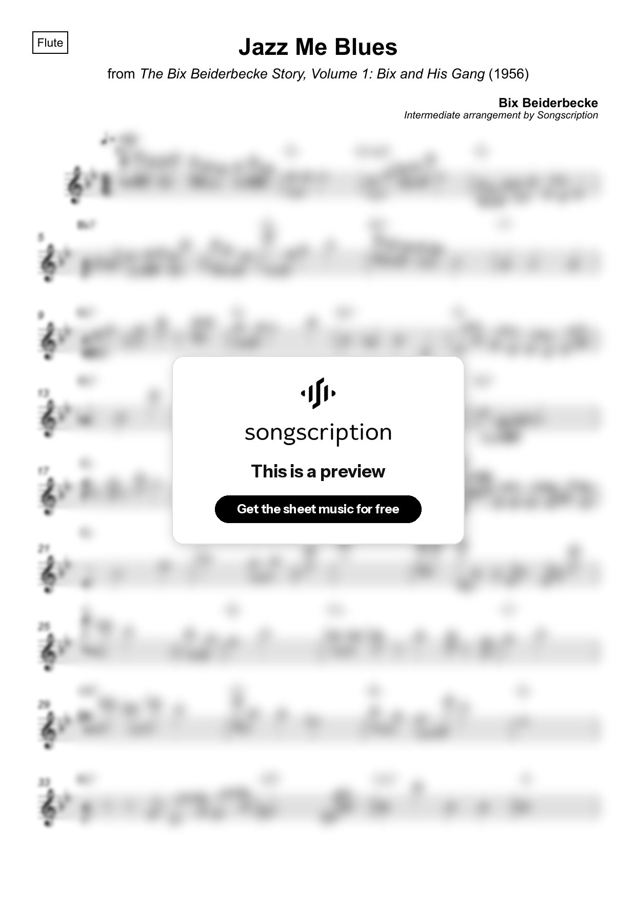 Intermediate Flute Sheet Music for "Jazz Me Blues" by Bix Beiderbecke