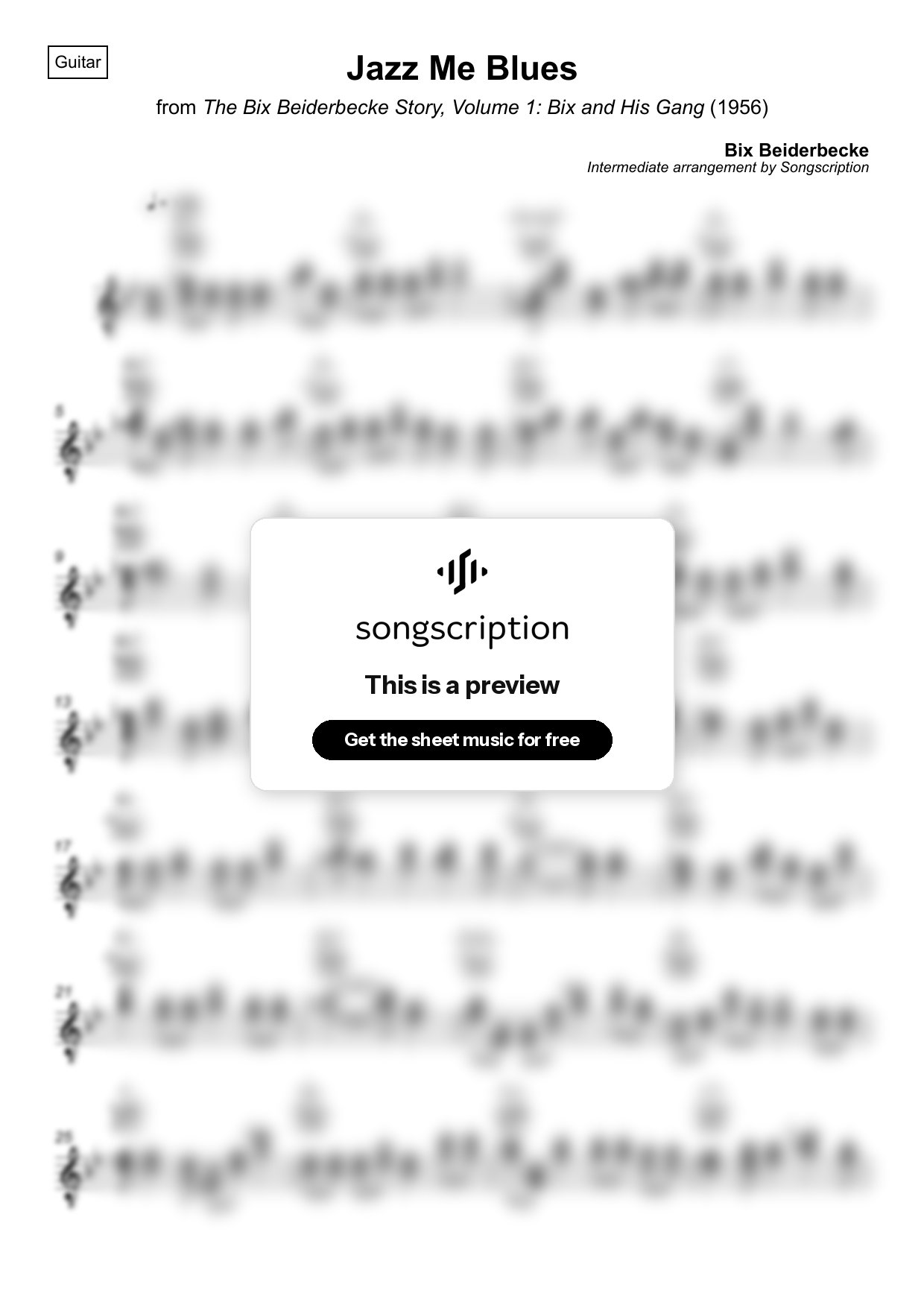 Intermediate Acoustic Guitar Sheet Music for "Jazz Me Blues" by Bix Beiderbecke