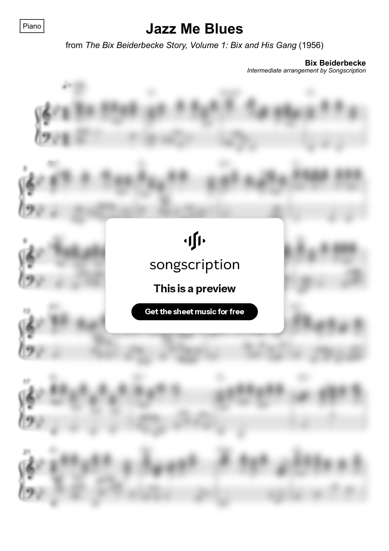 Intermediate Piano Sheet Music for "Jazz Me Blues" by Bix Beiderbecke