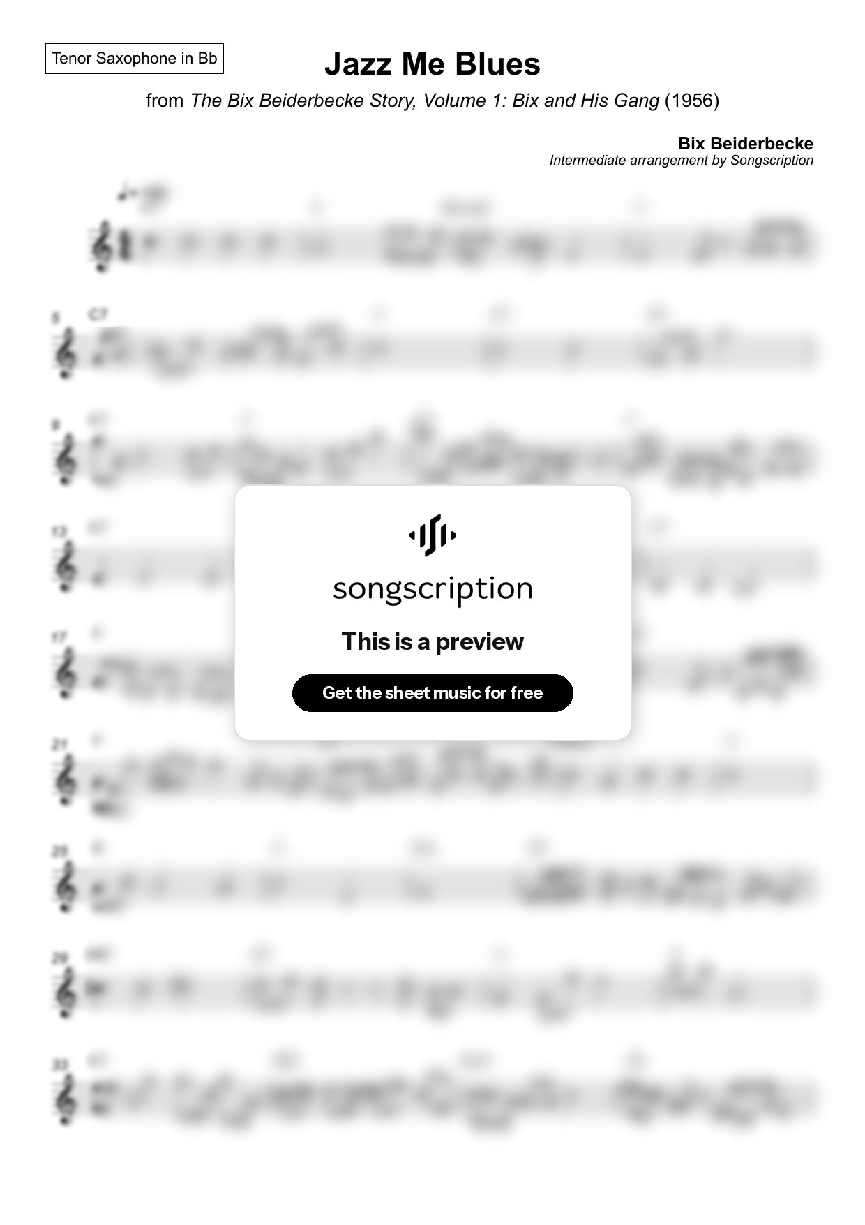 Intermediate Tenor Sax Sheet Music for "Jazz Me Blues" by Bix Beiderbecke