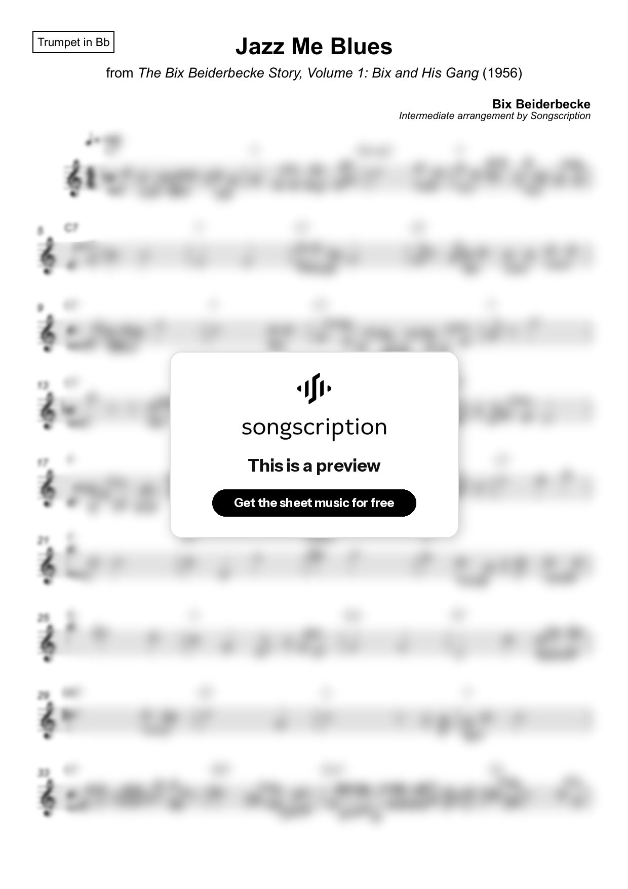 Intermediate Trumpet Sheet Music for "Jazz Me Blues" by Bix Beiderbecke