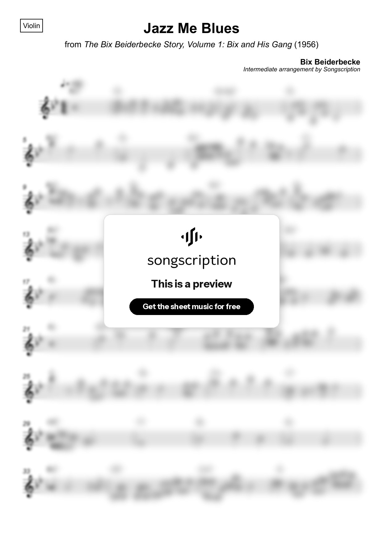 Intermediate Violin Sheet Music for "Jazz Me Blues" by Bix Beiderbecke