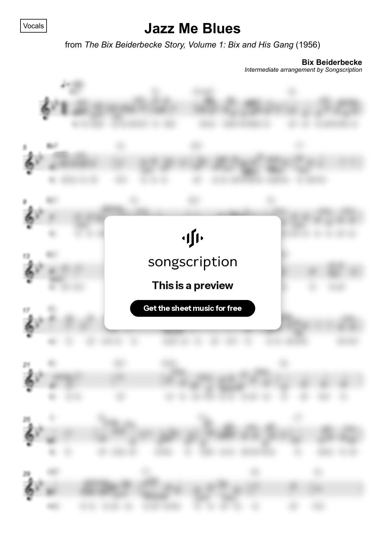Intermediate Vocals Sheet Music for "Jazz Me Blues" by Bix Beiderbecke