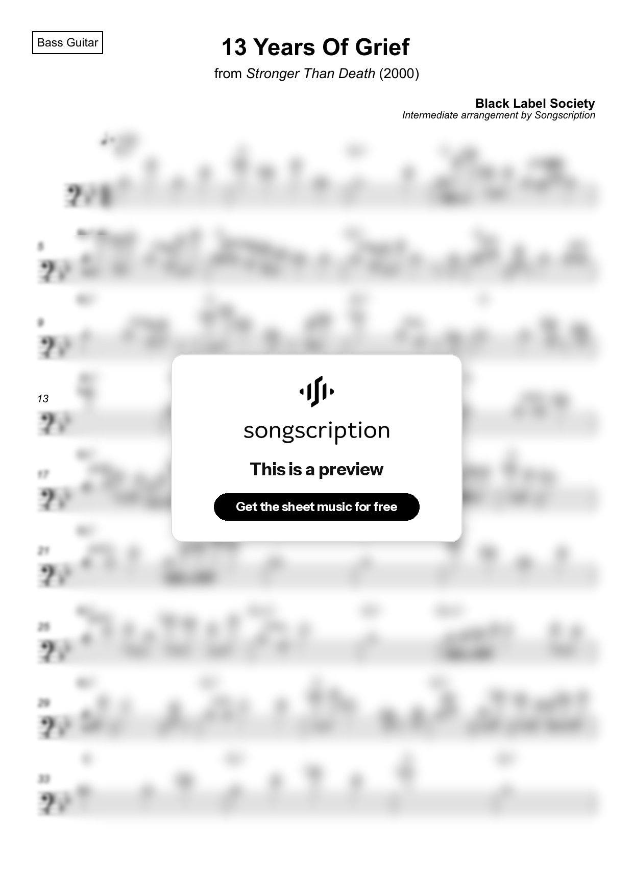 Intermediate Bass Guitar Sheet Music for "13 Years Of Grief" by Black Label Society