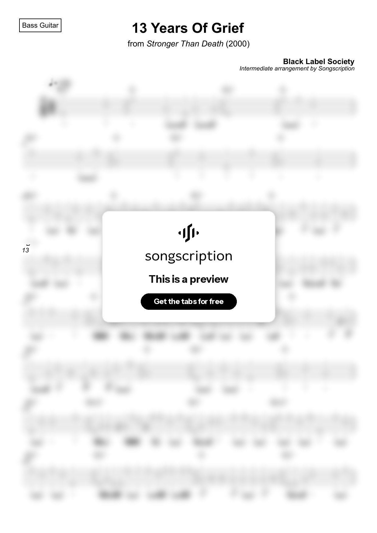 Intermediate Bass Guitar Tabs for "13 Years Of Grief" by Black Label Society