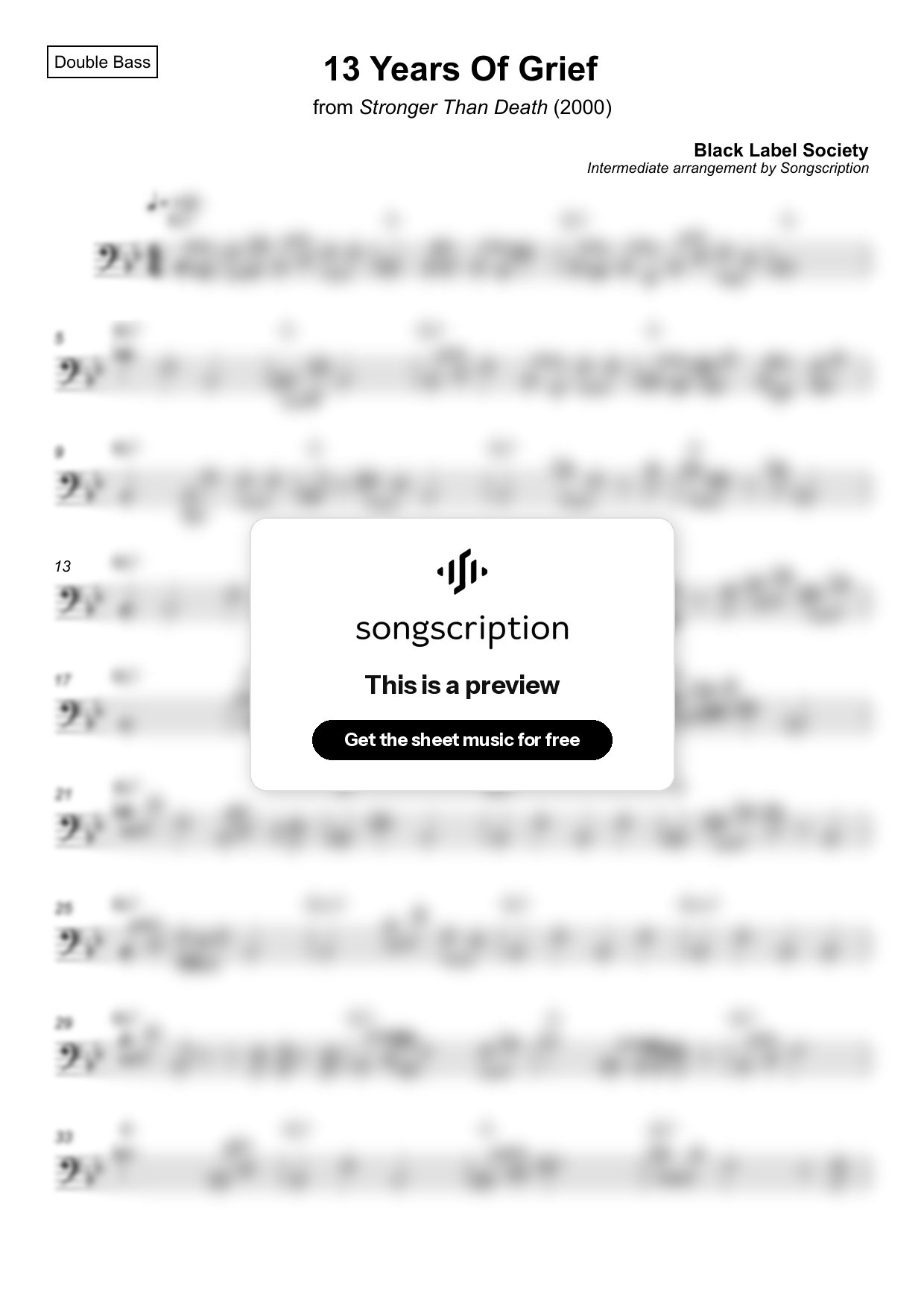 Intermediate Double Bass Sheet Music for "13 Years Of Grief" by Black Label Society