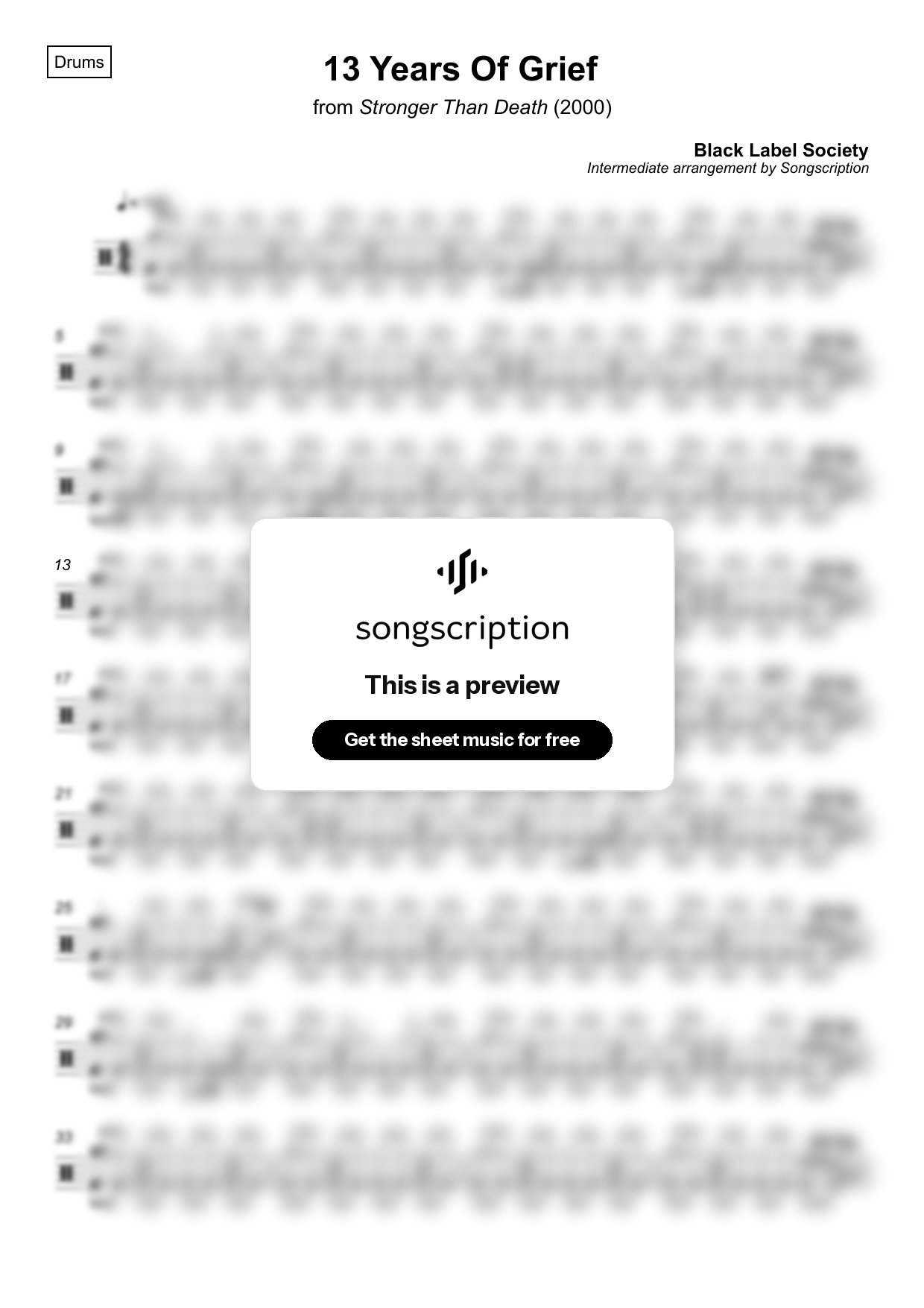 Intermediate Drums Sheet Music for "13 Years Of Grief" by Black Label Society