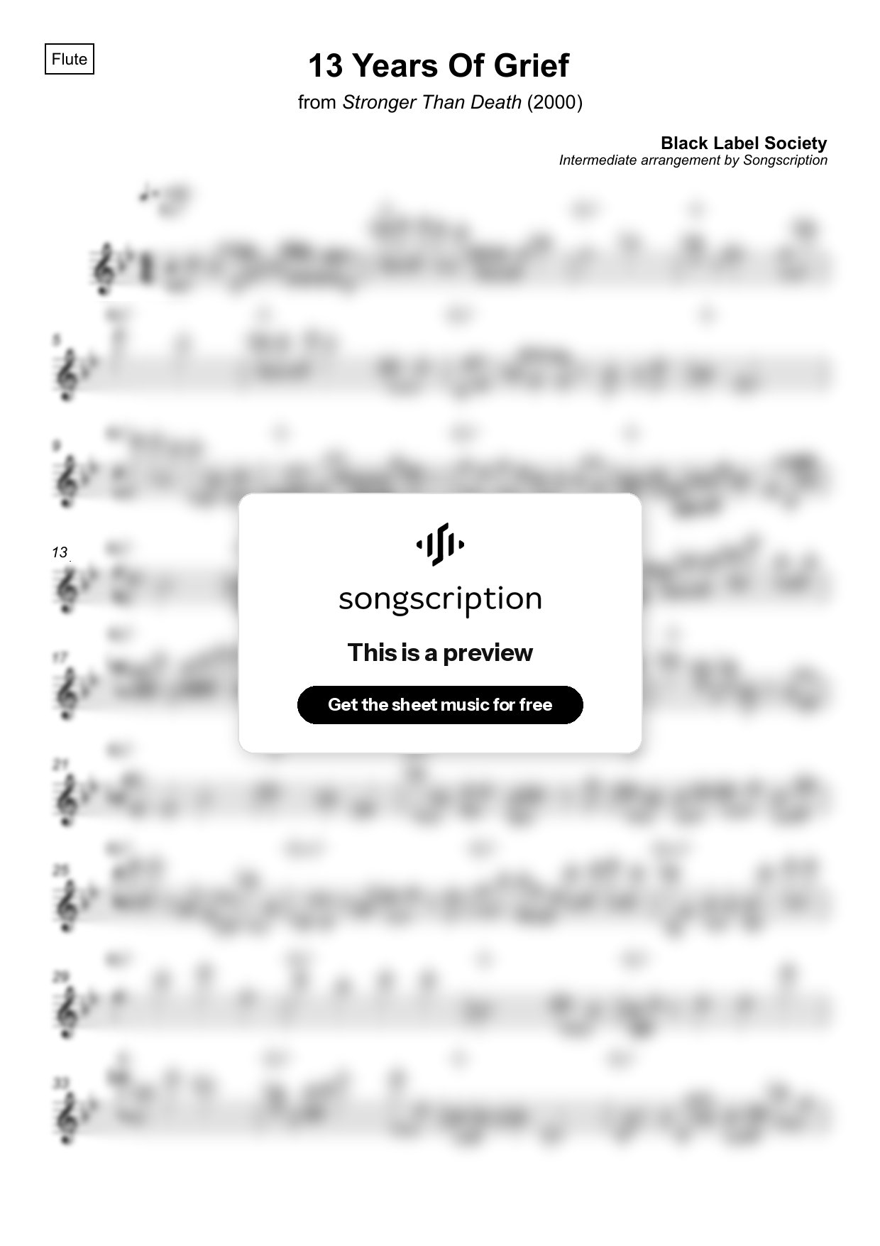 Intermediate Flute Sheet Music for "13 Years Of Grief" by Black Label Society