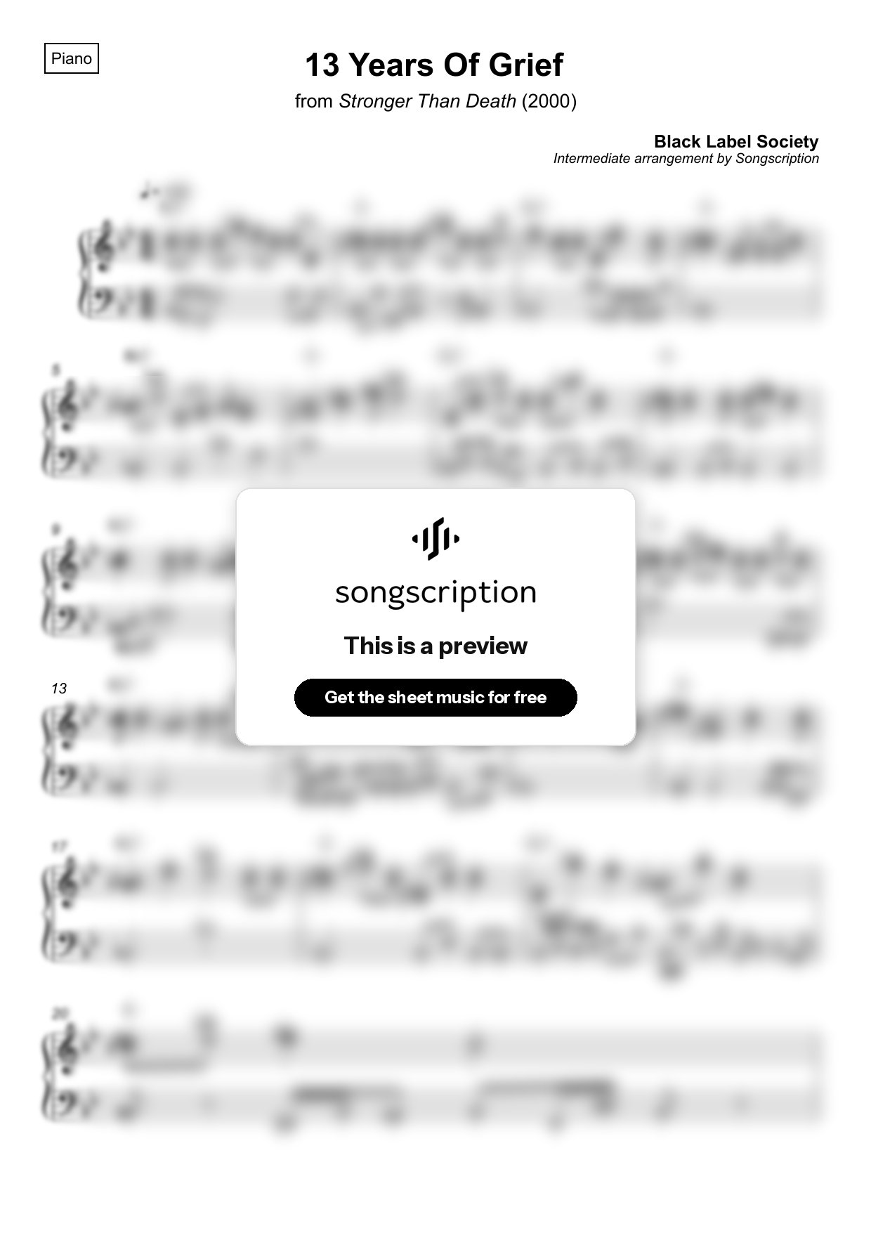 Intermediate Piano Sheet Music for "13 Years Of Grief" by Black Label Society