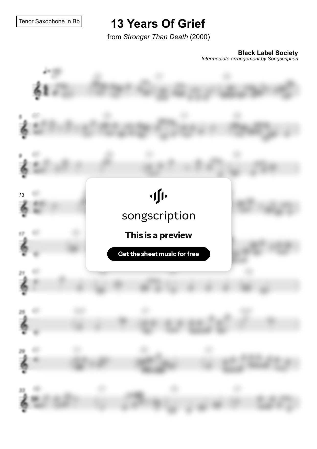 Intermediate Tenor Sax Sheet Music for "13 Years Of Grief" by Black Label Society