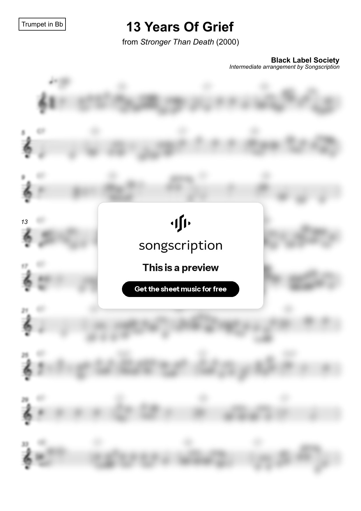 Intermediate Trumpet Sheet Music for "13 Years Of Grief" by Black Label Society