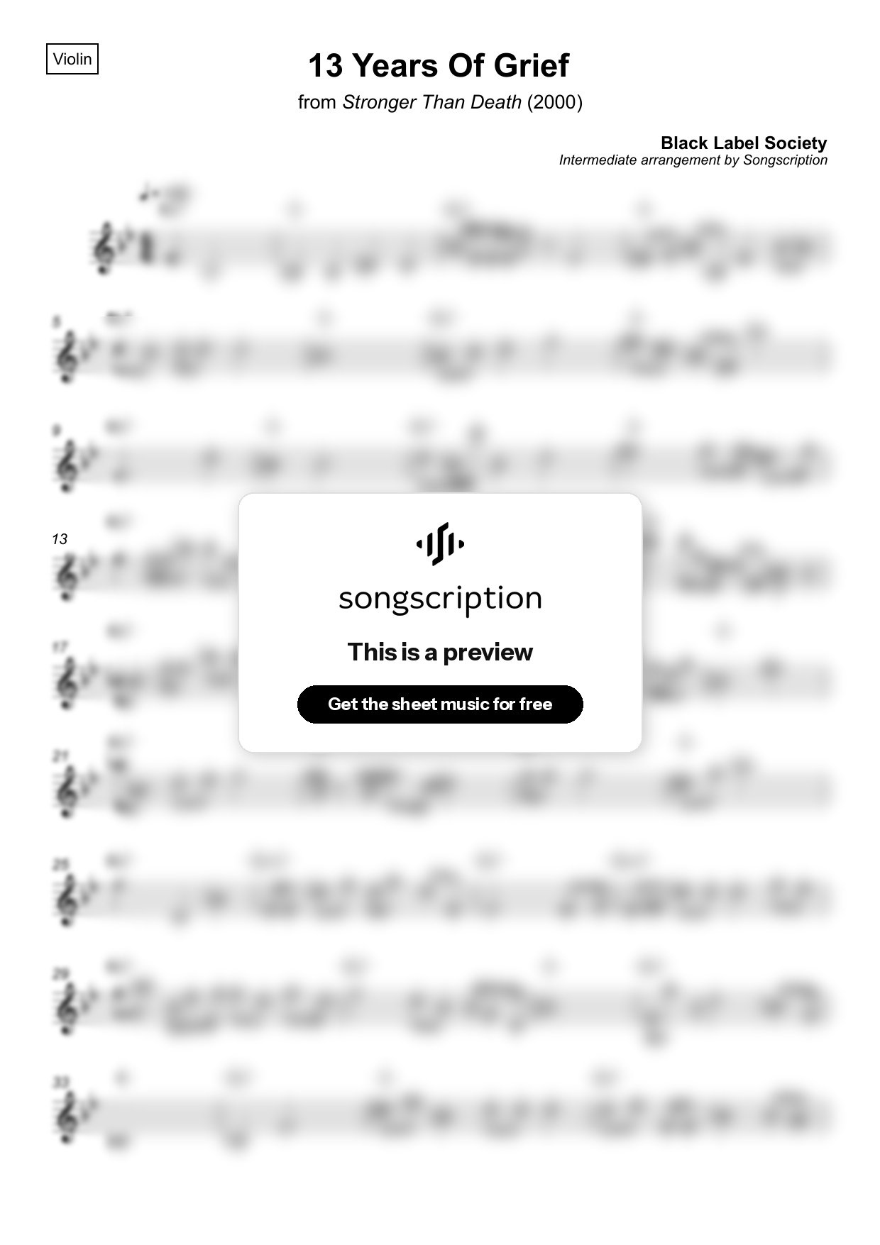 Intermediate Violin Sheet Music for "13 Years Of Grief" by Black Label Society