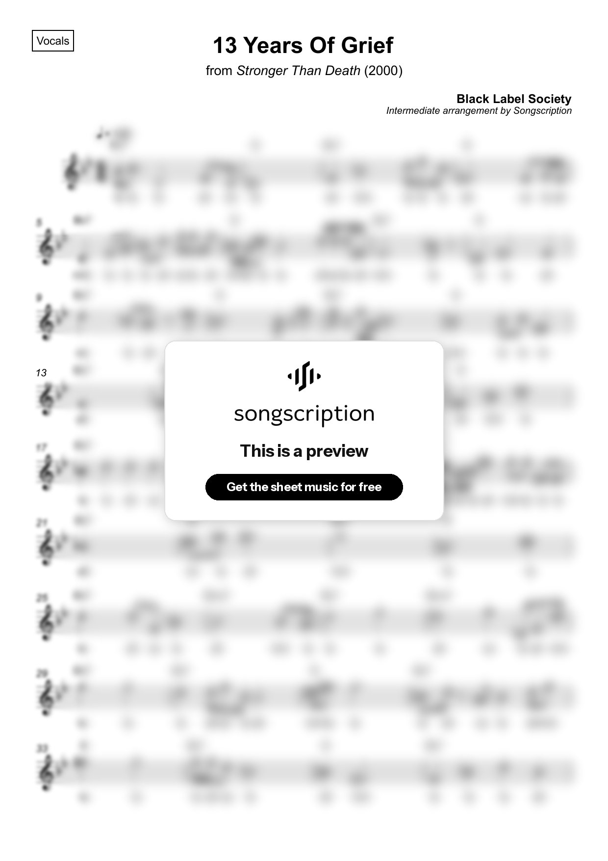 Intermediate Vocals Sheet Music for "13 Years Of Grief" by Black Label Society