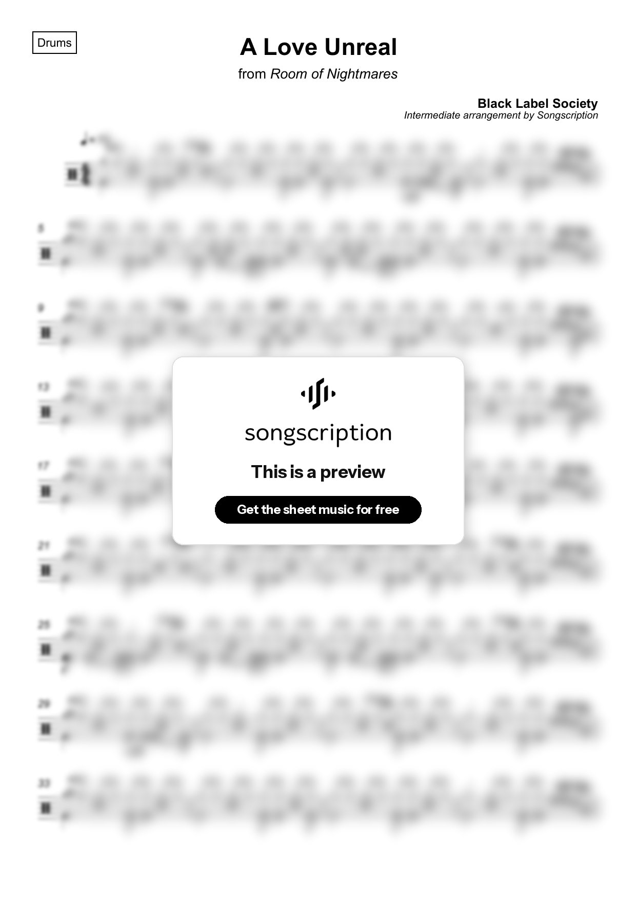 Intermediate Drums Sheet Music for "A Love Unreal" by Black Label Society