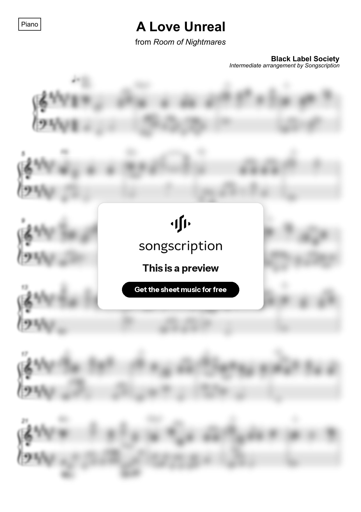 Intermediate Piano Sheet Music for "A Love Unreal" by Black Label Society