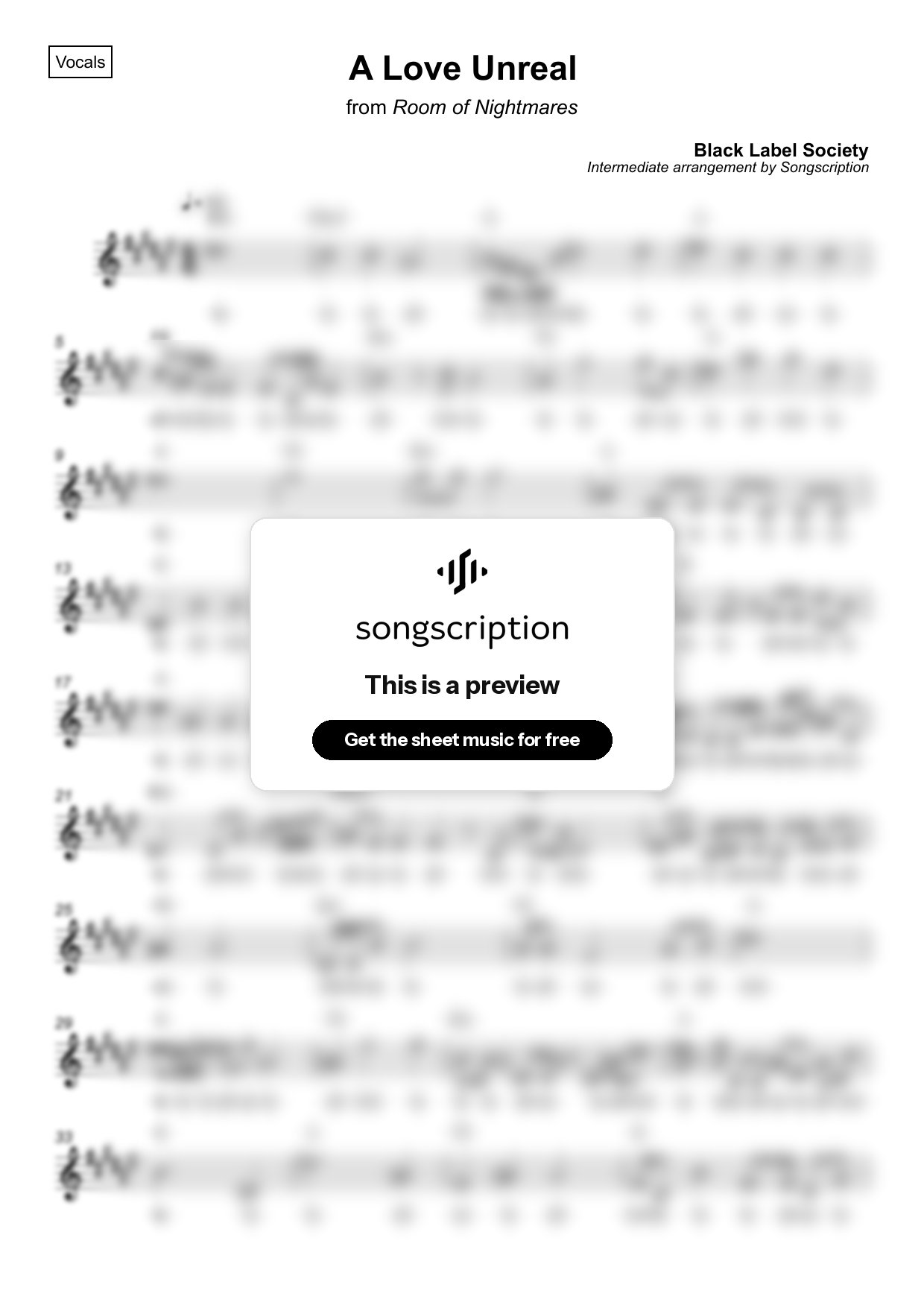 Intermediate Vocals Sheet Music for "A Love Unreal" by Black Label Society