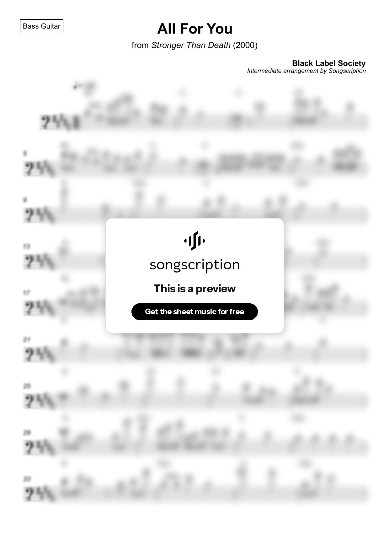 Intermediate Bass Guitar Sheet Music for "All For You" by Black Label Society
