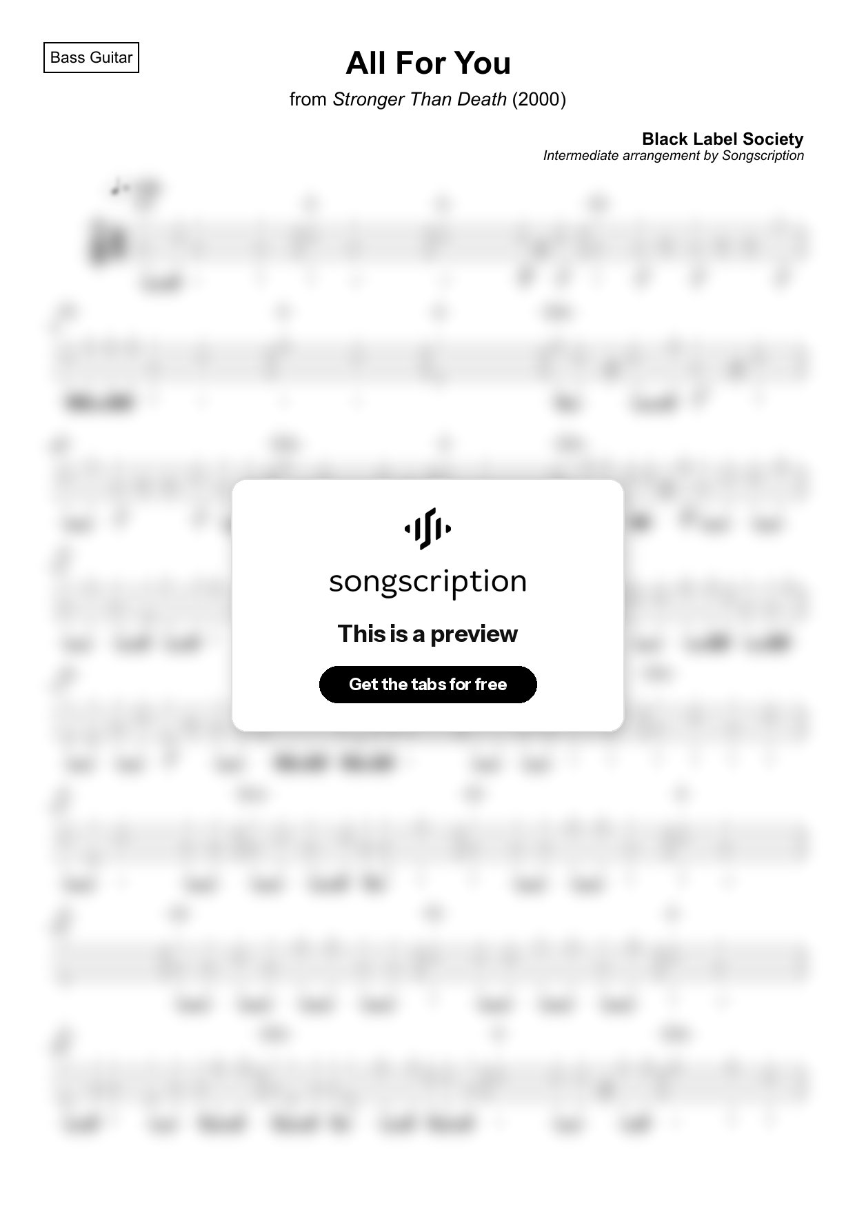 Intermediate Bass Guitar Tabs for "All For You" by Black Label Society