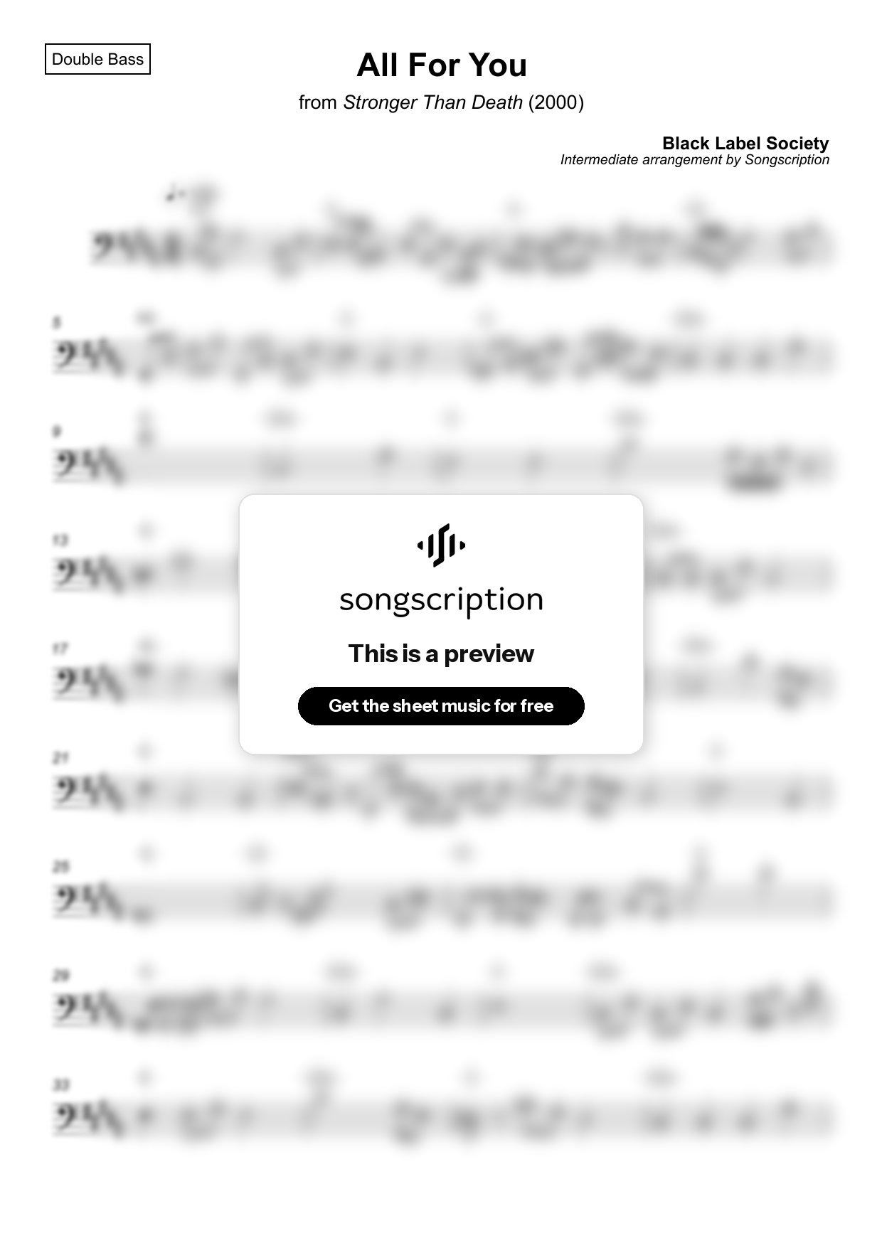 Intermediate Double Bass Sheet Music for "All For You" by Black Label Society